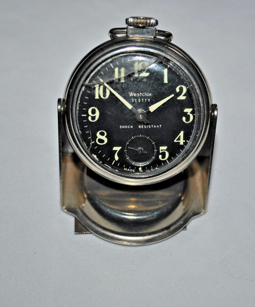 Westclox Scotty Pocket Watch Black Luminous Dial USA Magentic Stand & Chain read