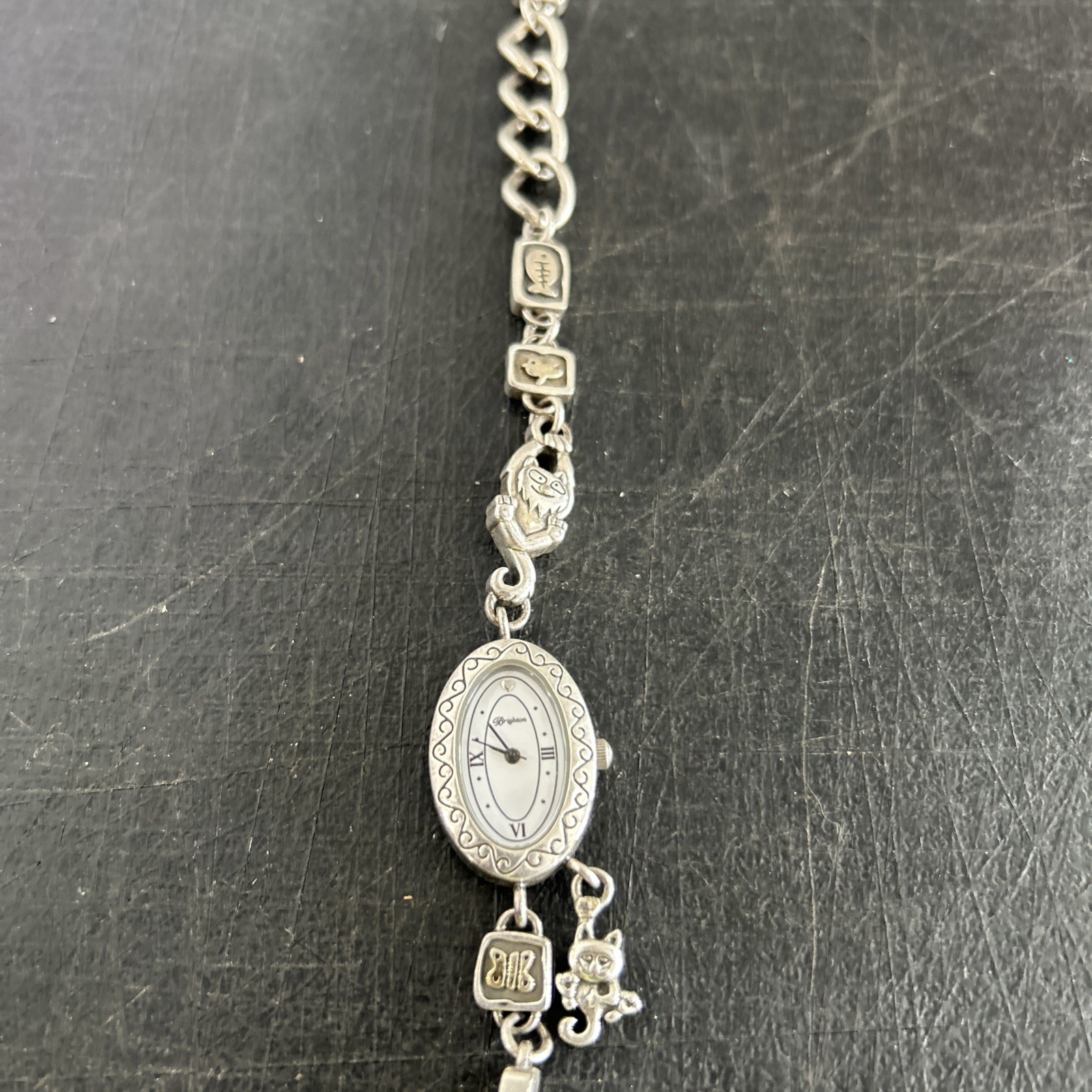 Brighton Pedigree Cat Silver Plated Filigree Chain Women’s Oval Watch New Batt.