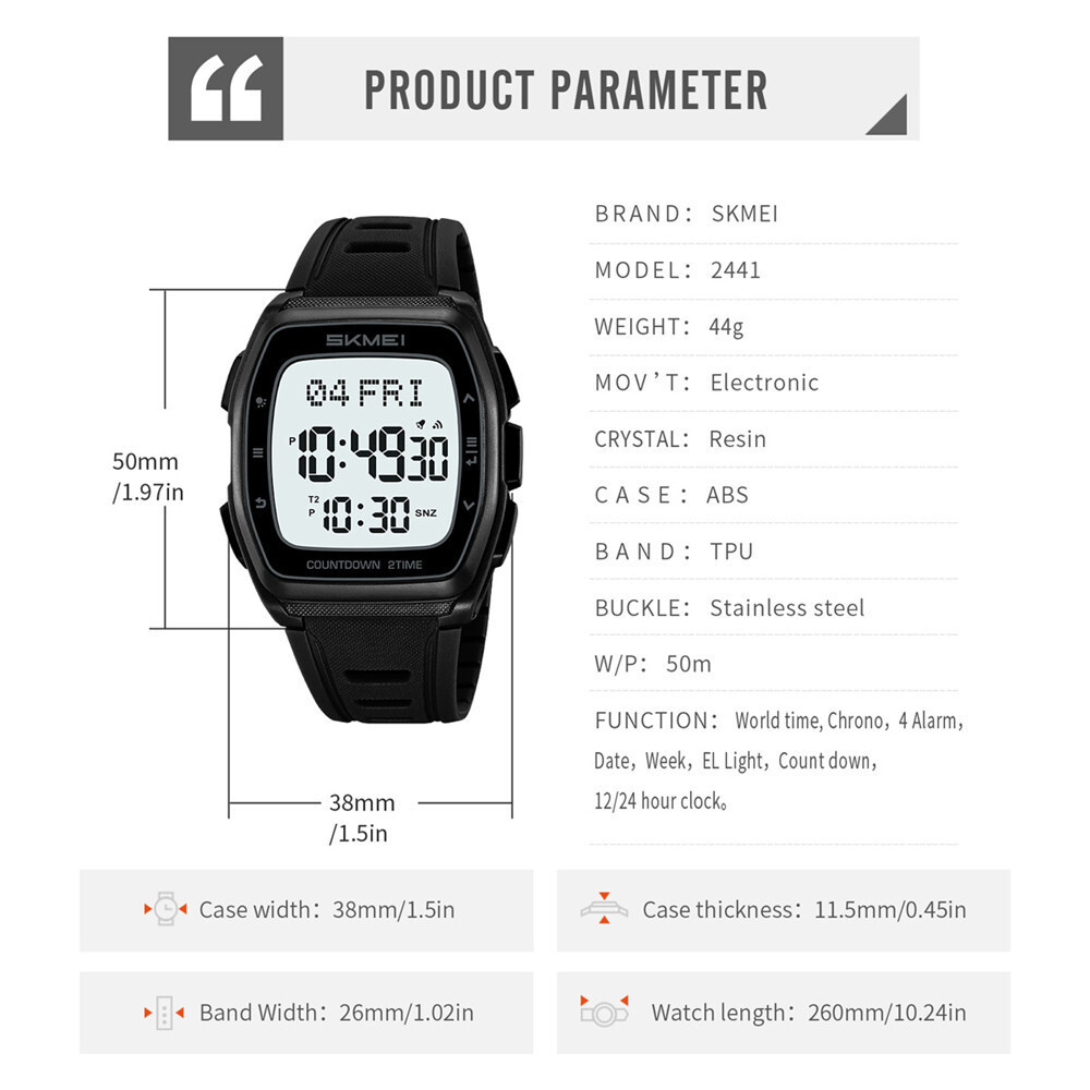 SKMEI Men Rectangle Watch Digital Electronic Wristwatch Students Boy Sport Watch