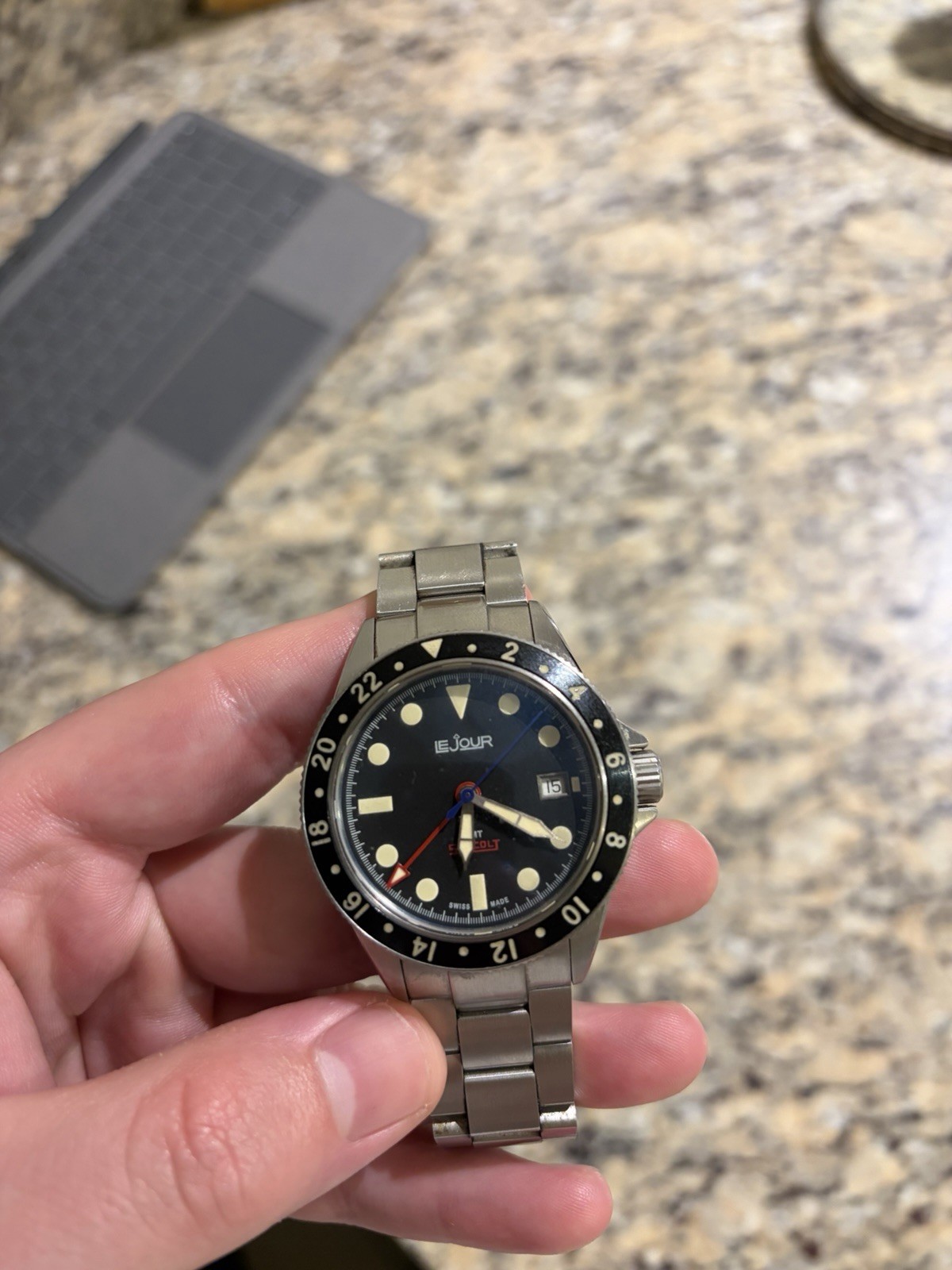 LeJour GLACOLT Stainless Steel Diver Watch Black Dial Date Silver Bracelet