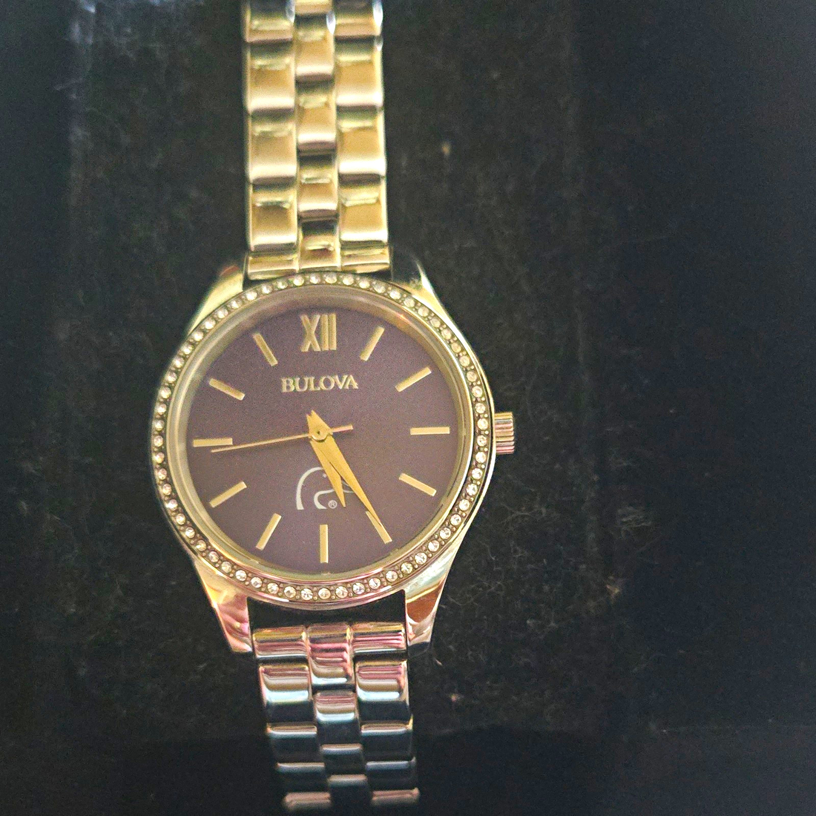 Bulova Women’s Quartz Analog Black Dial Silver Bracelet Watch Crystal Bezel