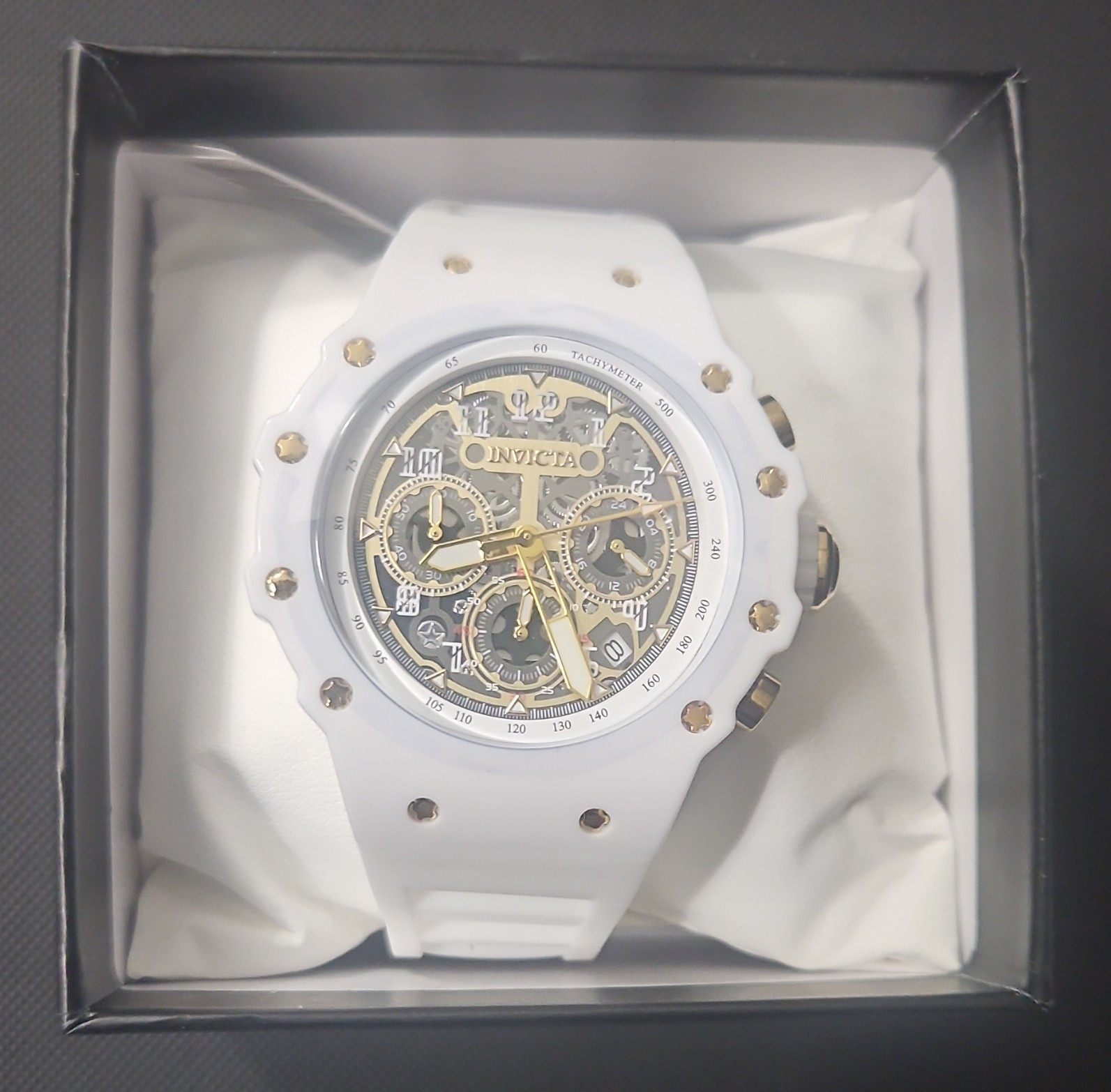Invicta Men’s Quartz Chronograph Watch 50mm 50m Tachymeter Date Skeleton Dial