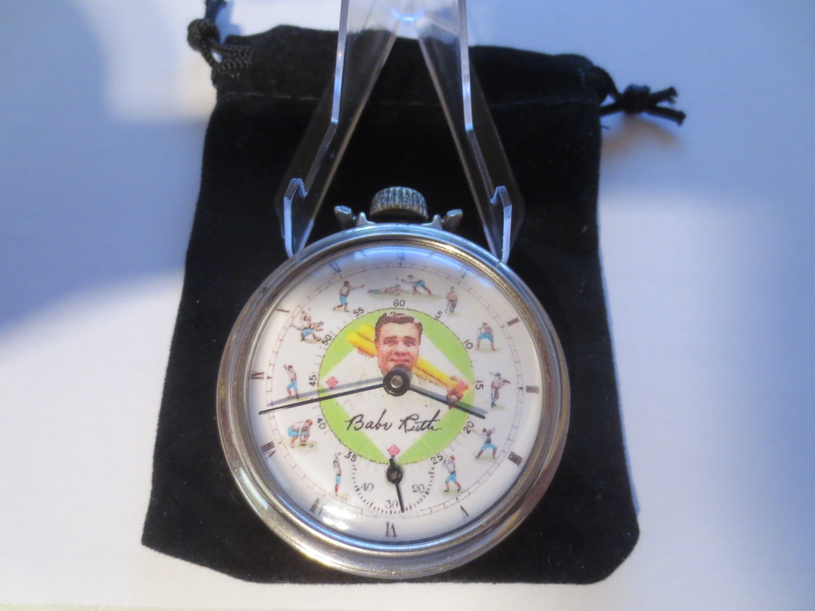 1940 16s Westclox Pocket W Baseball Babe Ruth Ad Theme Dial & Case Runs Well.