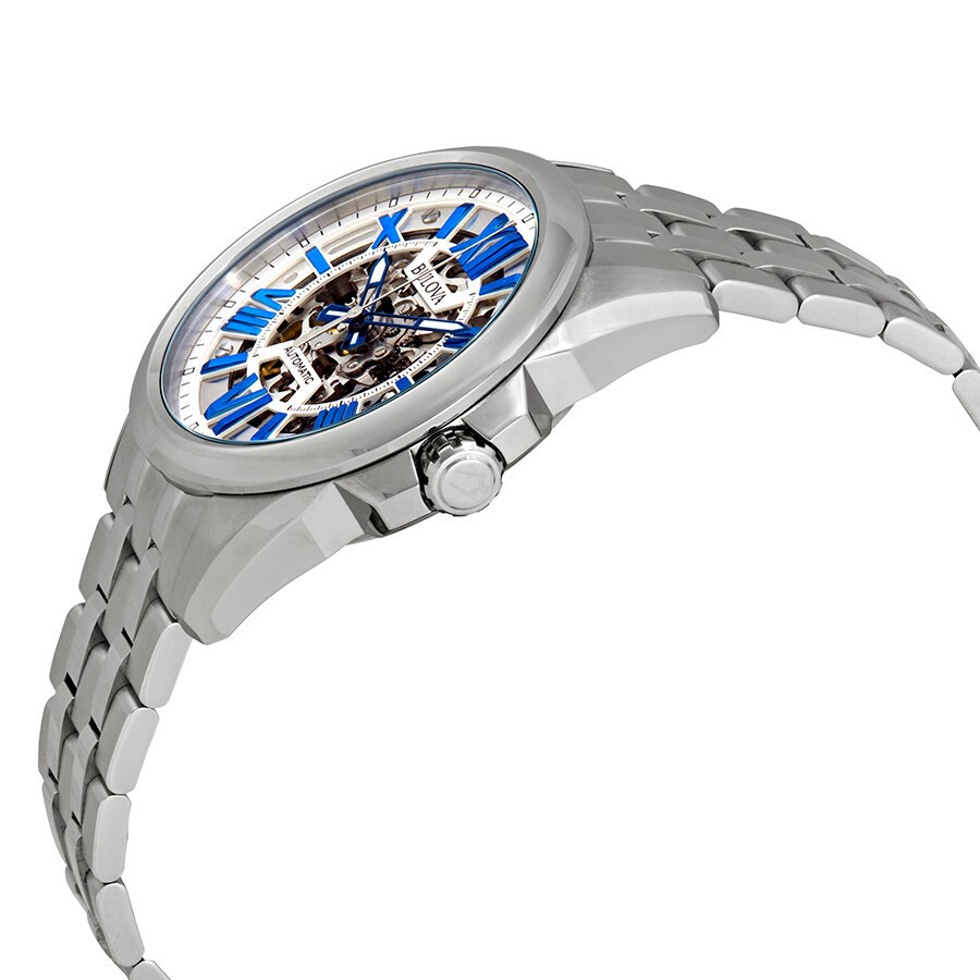 NEW BULOVA MEN’S SUTTON AUTOMATIC SKELETON BLUE ACCENT DIAL WATCH 96A187