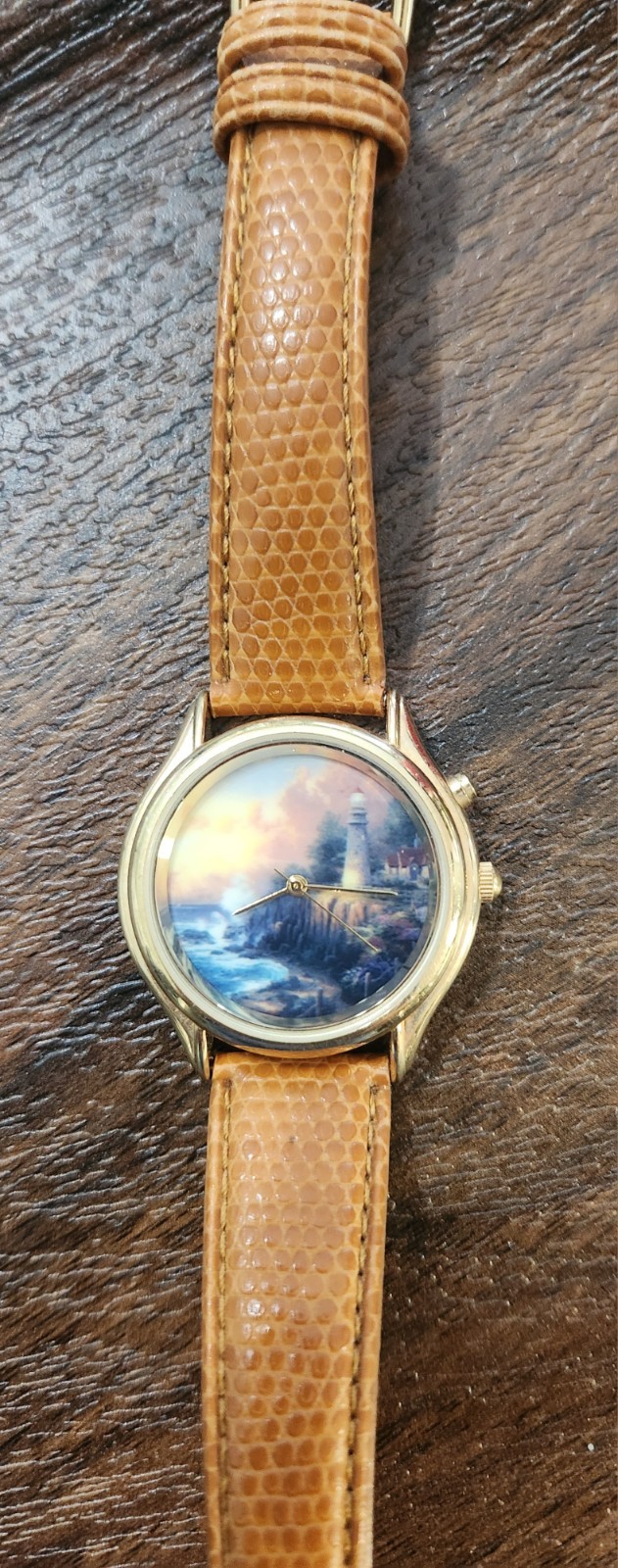 THOMAS KINKADE Collectible Light House Gold Tone Watch Leather Band Not Tested