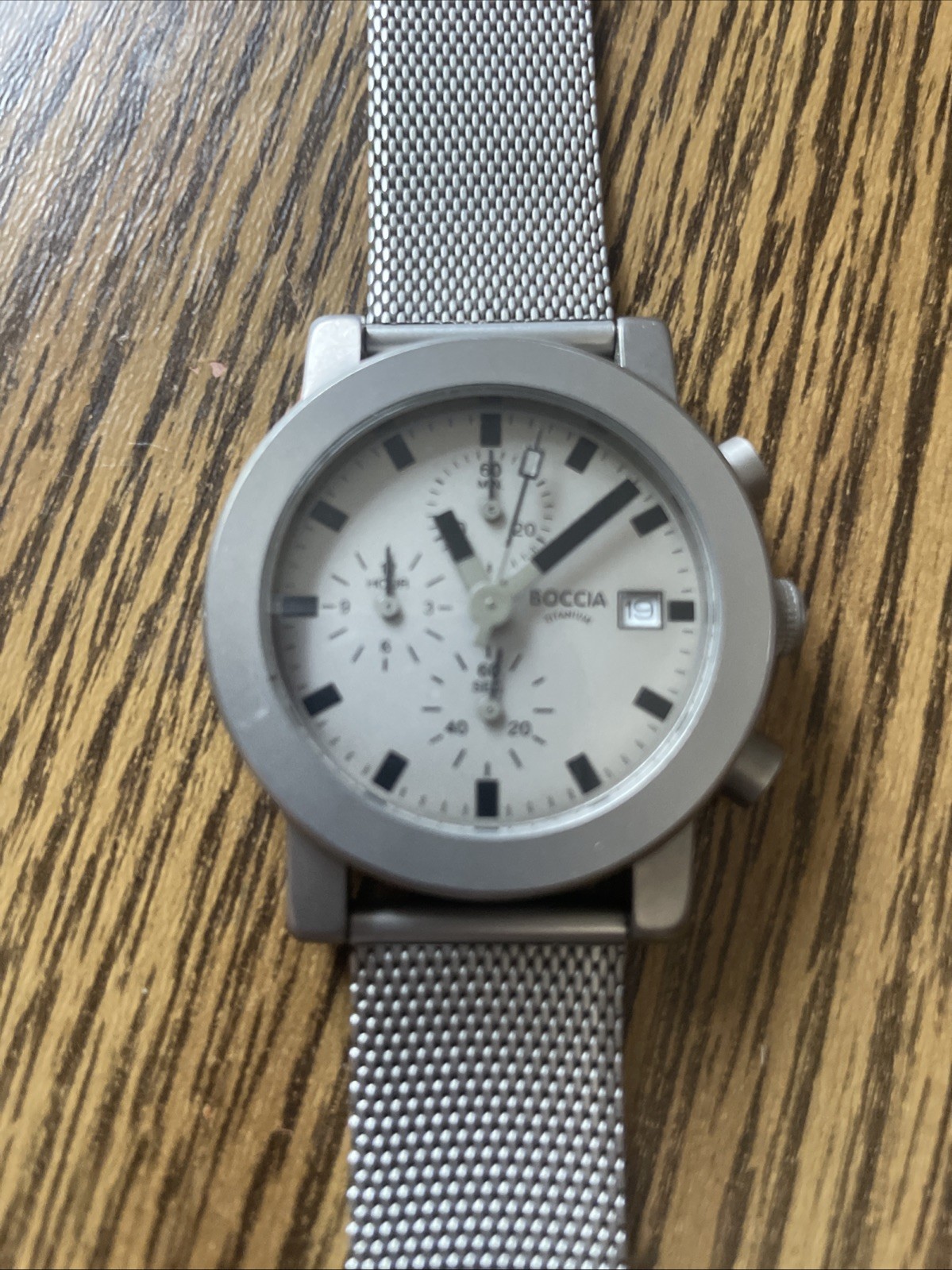 Vintage Rare Boccia Titanium Watch Silver on Silver Mesh Clasp Band Black Hands