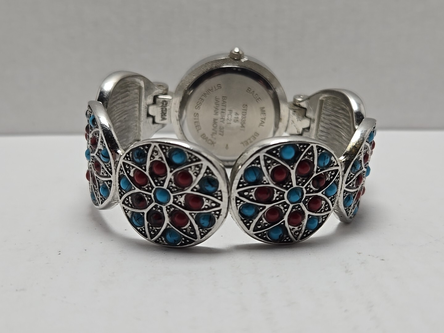 Womens Studio Time Southwestern Watch 29mm Red Blue Stones Cuff Band New Battery