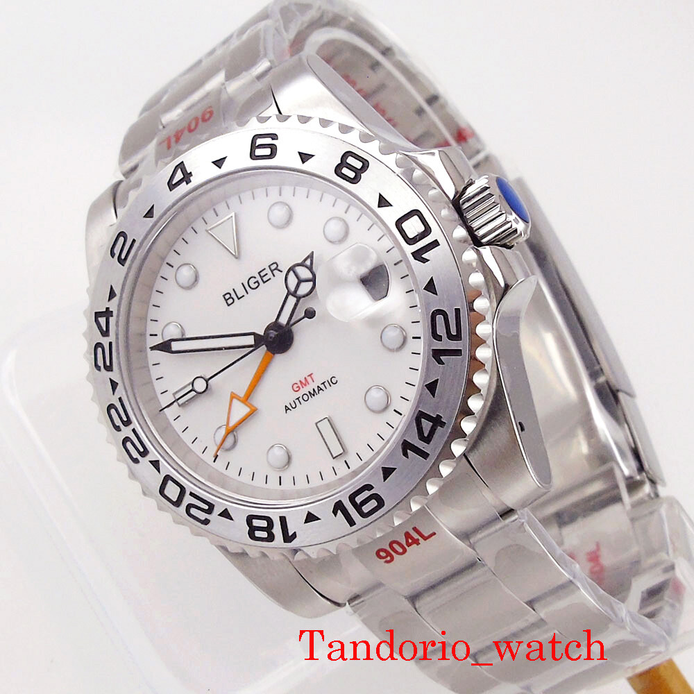 40mm Bliger White Dial GMT Automatic Mens Watch Sapphire Glass Oyster Strap Date