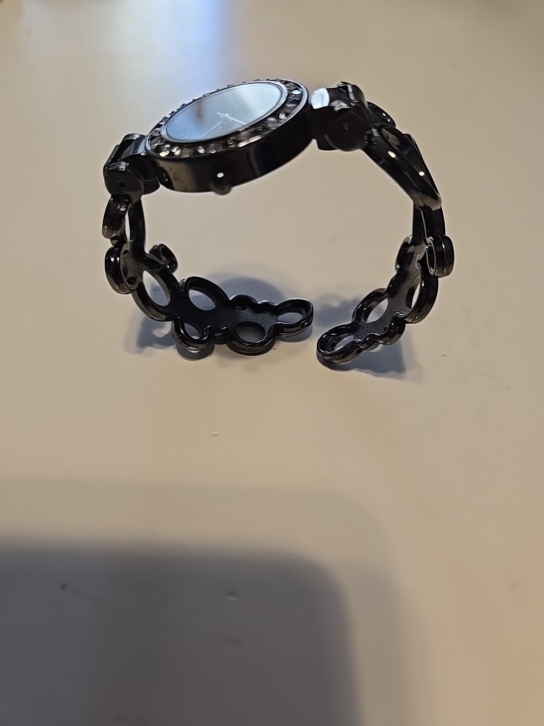 Studio 1 Women’s 8” Black Silvertone Cuff Bangle Watch Rhinestones New Battery