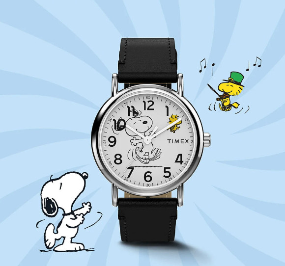 Timex x Peanuts Weekender Snoopy Dancing Black Leather Watch 38mm TW2Y31000