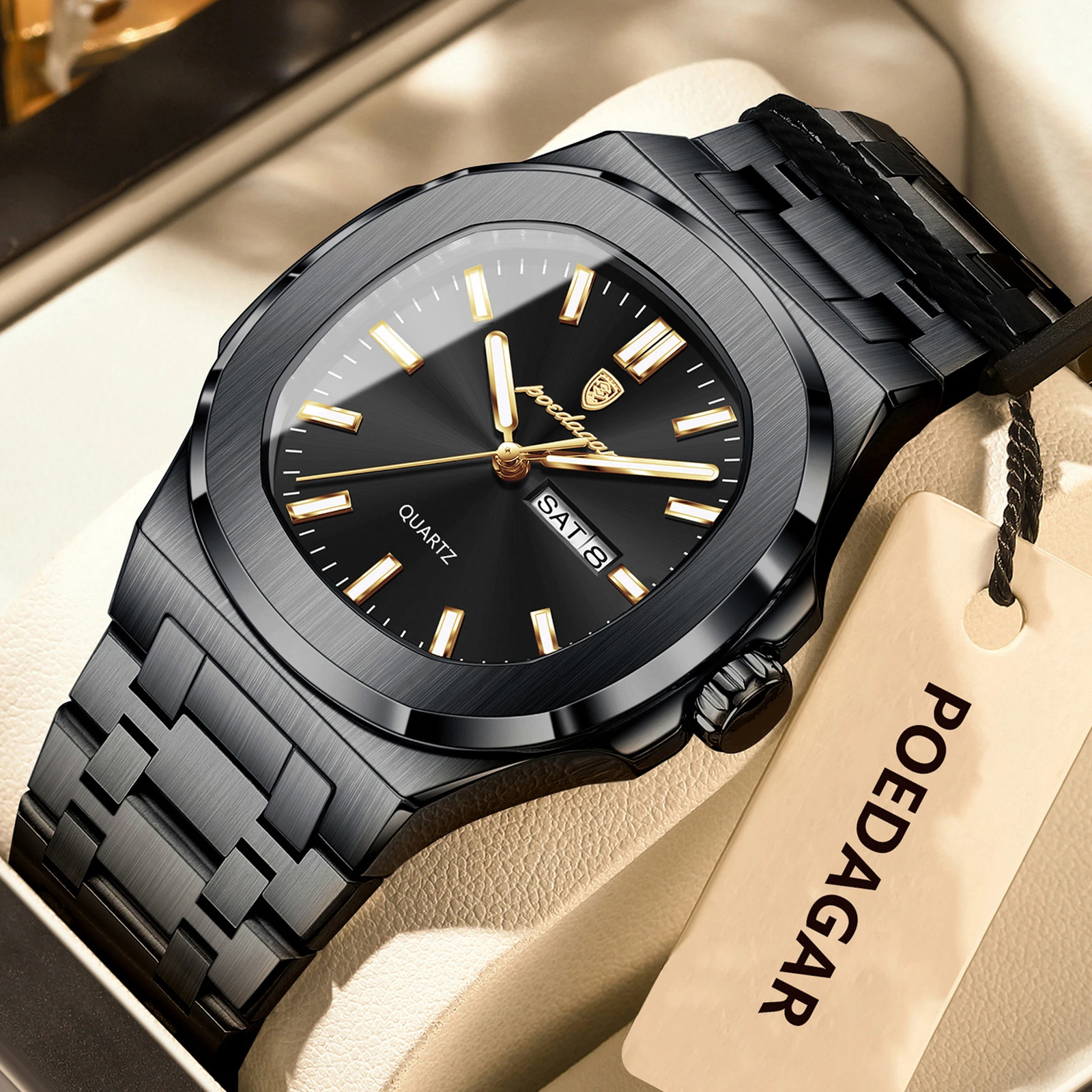 Men’s Luxury Square Dial Quartz Watch Stainless Steel Waterproof Luminous Date