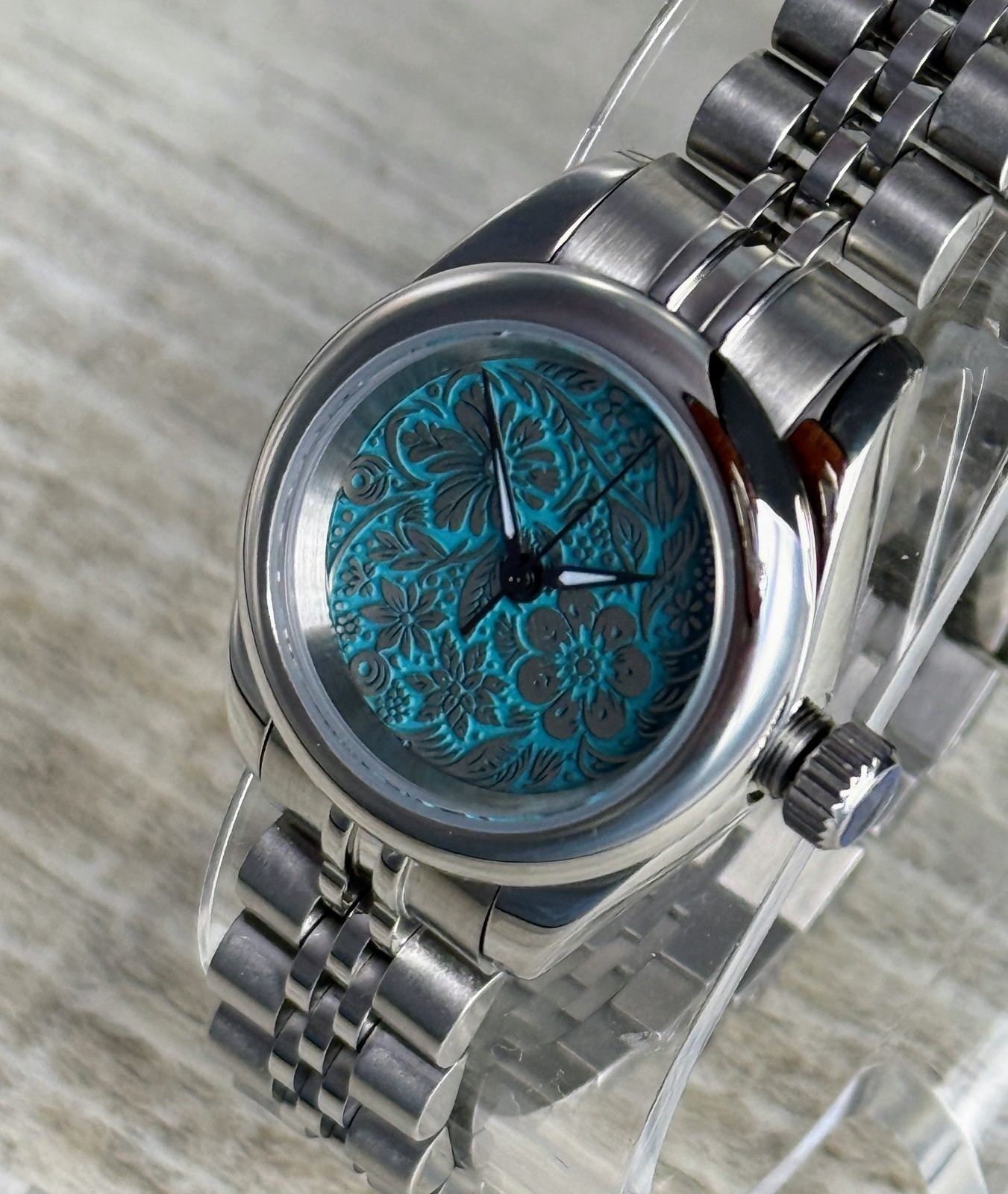 Small Case Automatic Watch, Turquoise Floral Engraved Dial, Stainless Steel