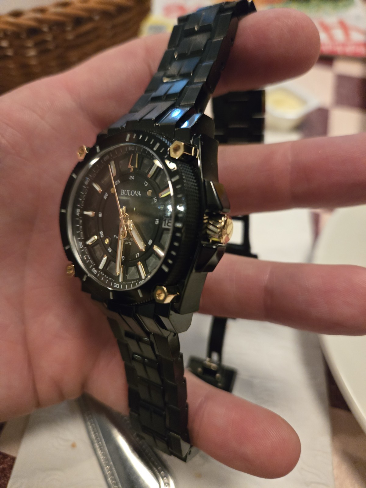 Bulova Precisionist Men’s Quartz Watch Black/Gold Steel 46mm Date 50m Box