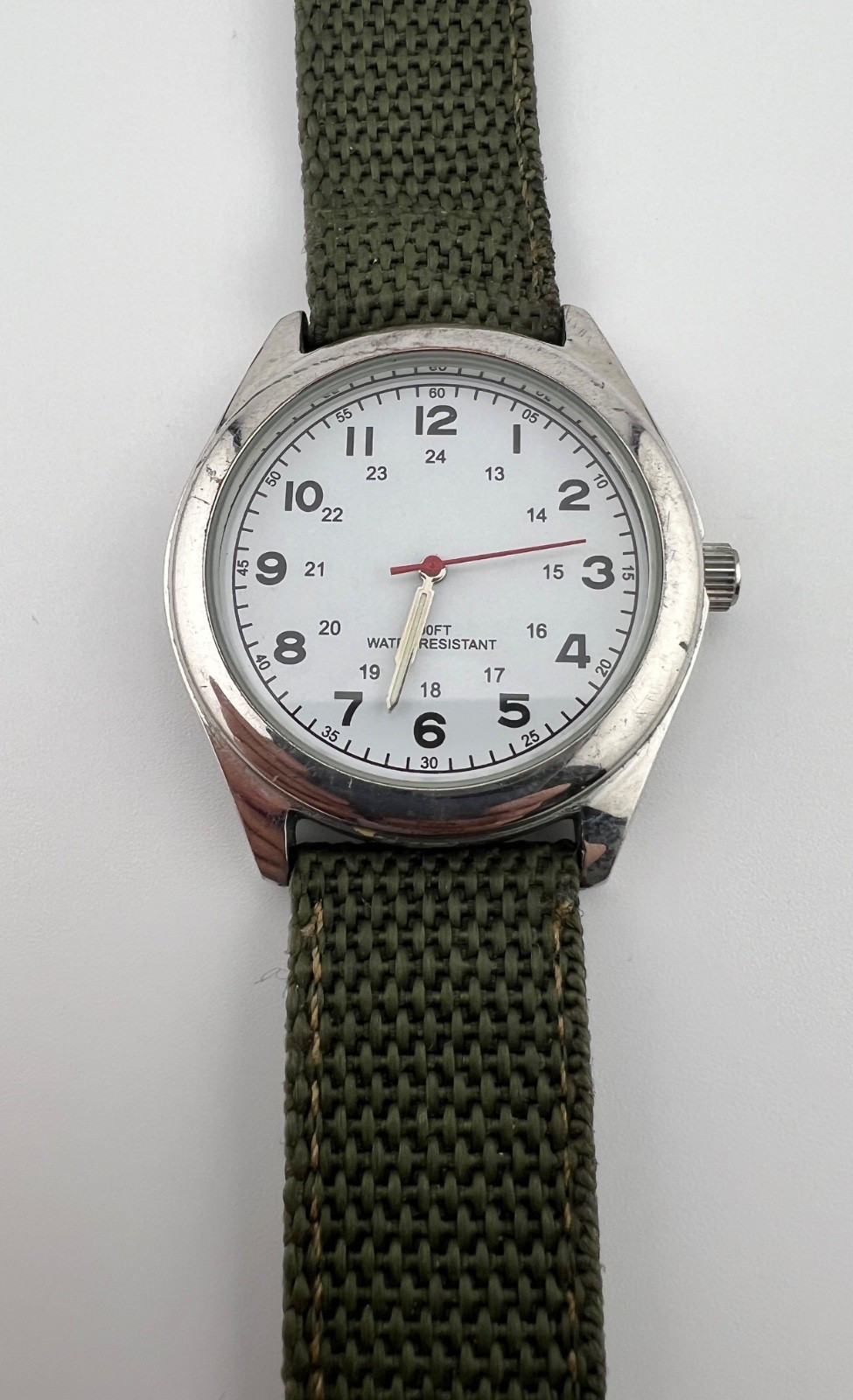Field/Military Style Quartz Watch, Japan Mvt, Green Nylon Strap, 24Hr Dial-Runs!