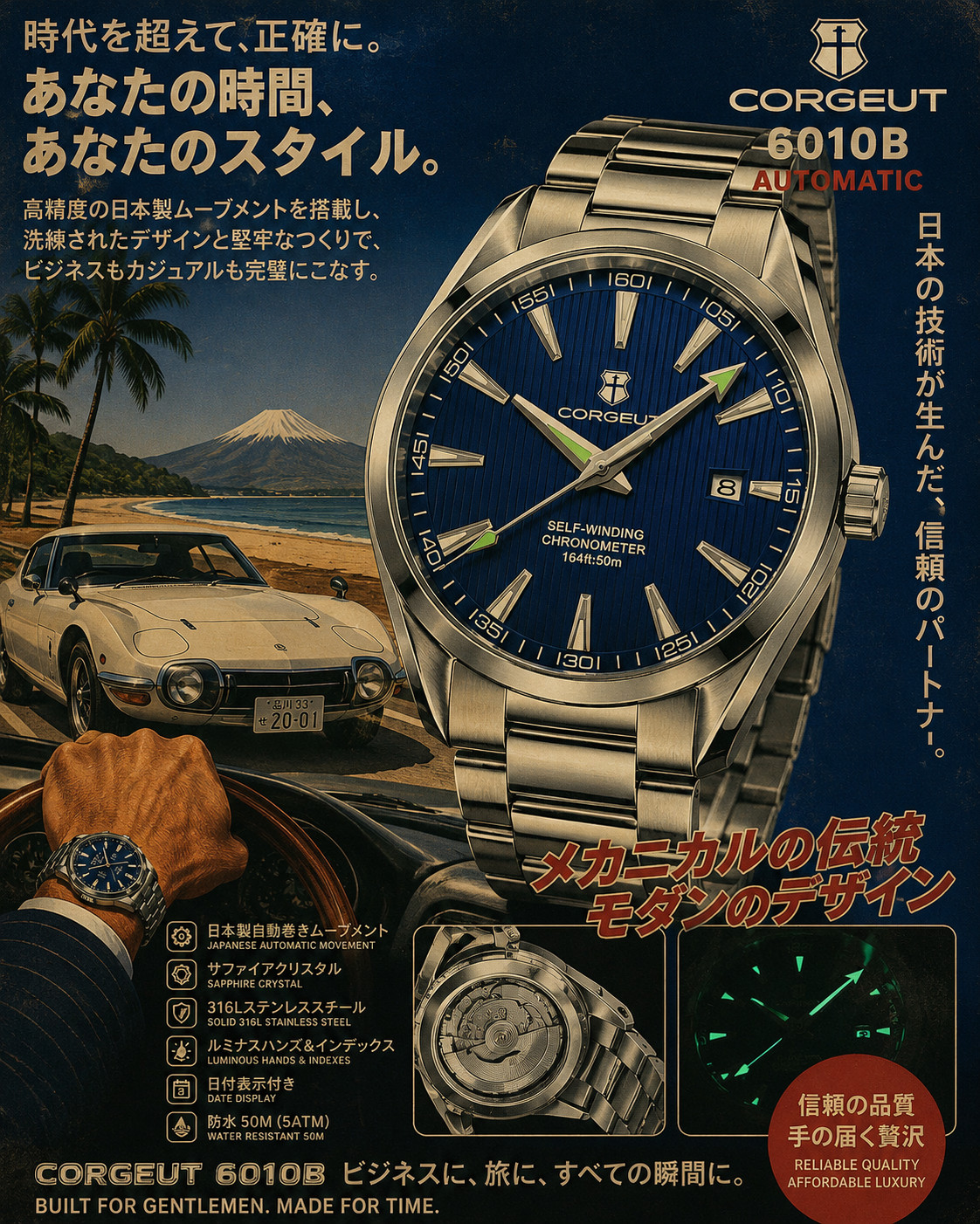 BNIB CORGEUT 6010 JAPAN AUTOMATIC ALL STEEL SPORTS/DRESS WATCH TEAK SAPPHIRE 50m