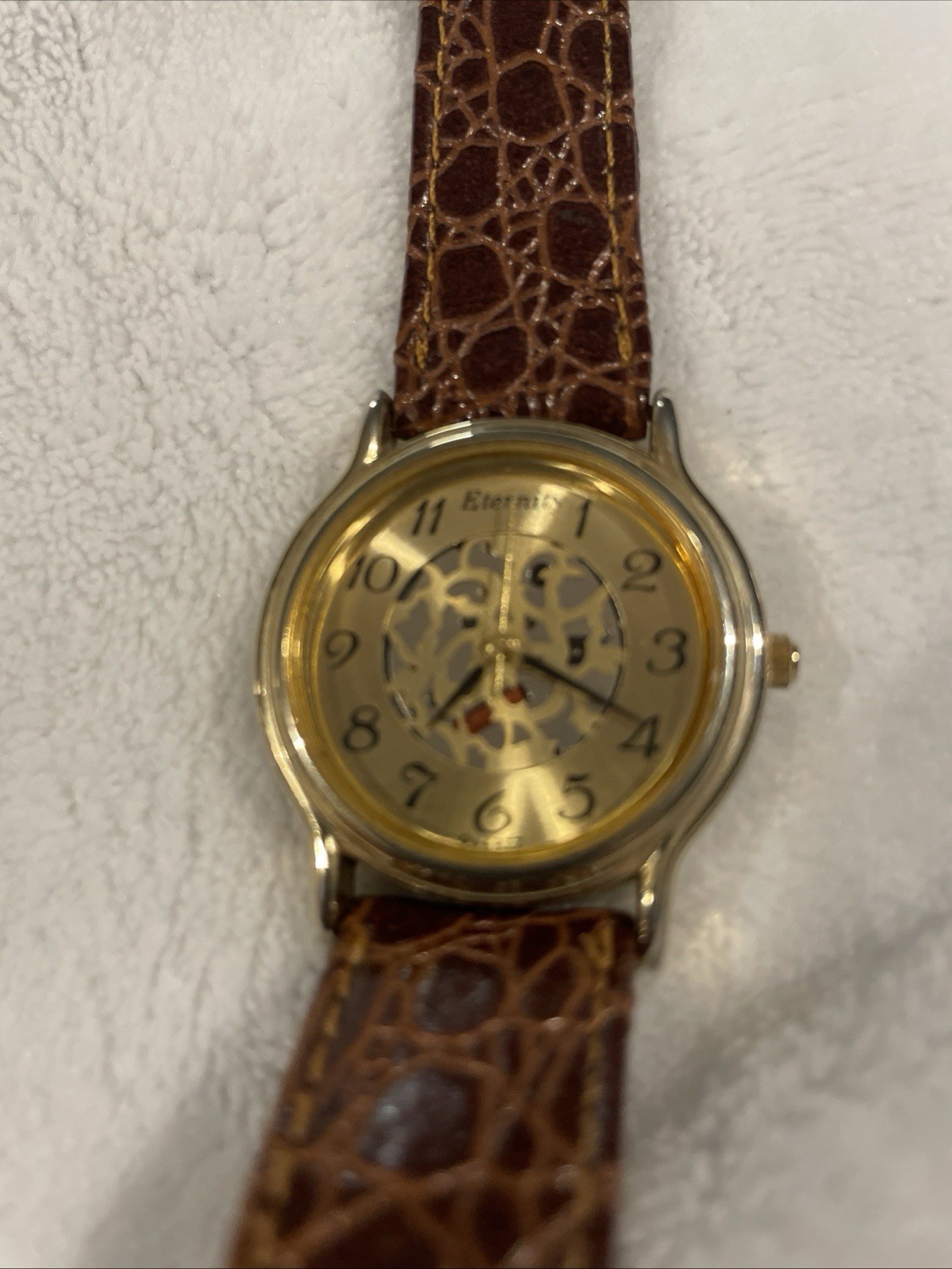LA Express Lady Or MansWatch Gold Skeleton-Look Dial Brown Genuine Leather Strap