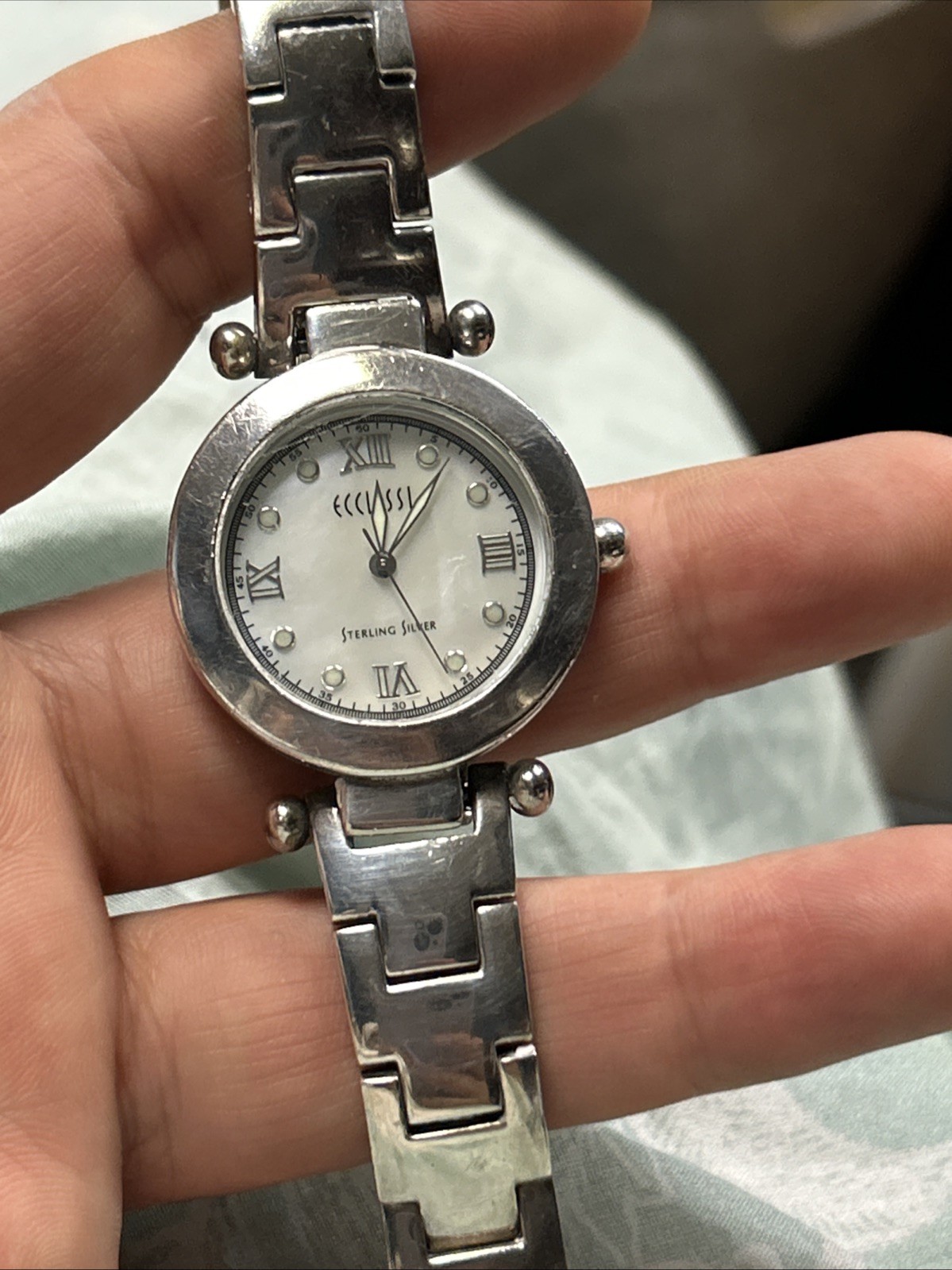 Solid 925 Ecclissi Sterling SilverWatchMother Of Pearl Dial Need Battery As Is