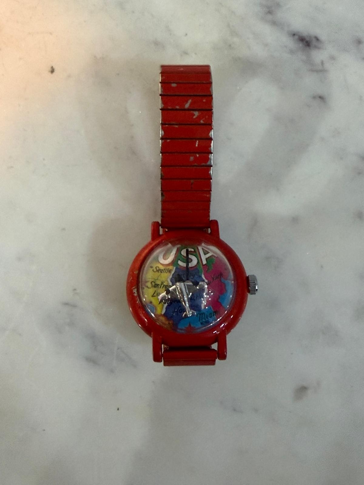 Vintage Colorful USA Map Unique Airplane Seconds Hand Bubble Watch for Womens