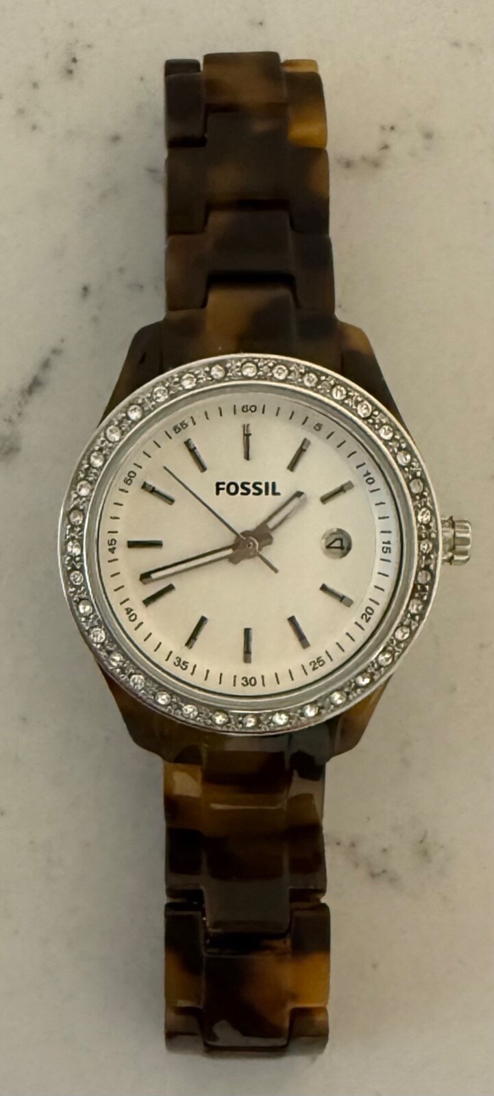 Fossil Watch Women Silver Tone Brown Faux Tortoise Band Bling New Battery 6″