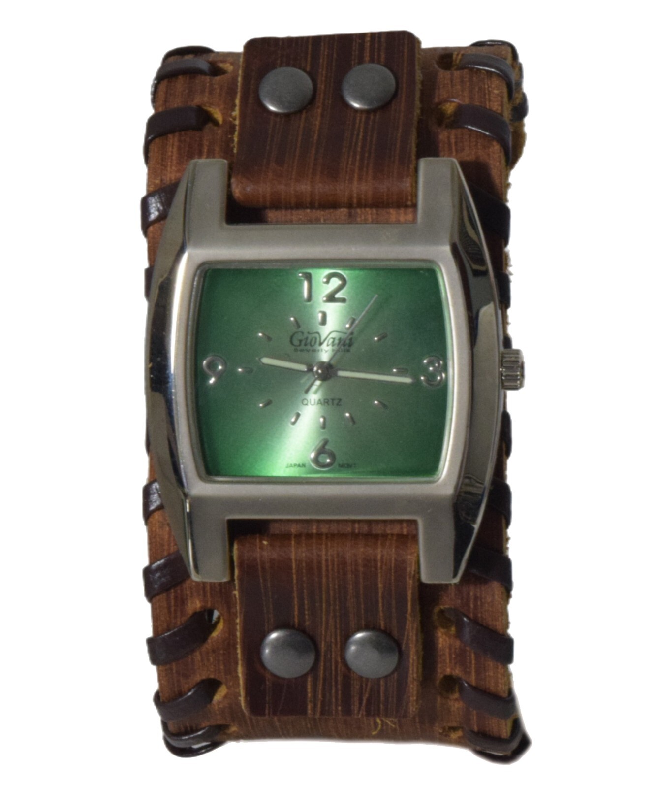 GIOVANI: Western punck style leather band Quartz Black/White/Green Face Watch