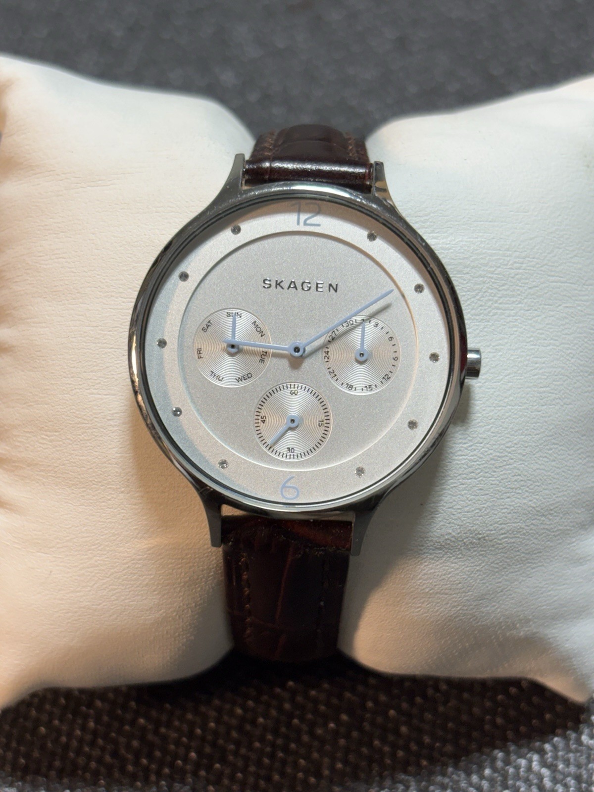 Skagen Denmark Anita Brown Leather Strap Women Watch SKW2449,Day/Date,Stainless