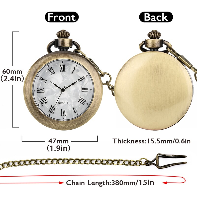 Bronze Smooth Open Face Roman Numerals Pocket Watch Alloy Case with Hook Chain