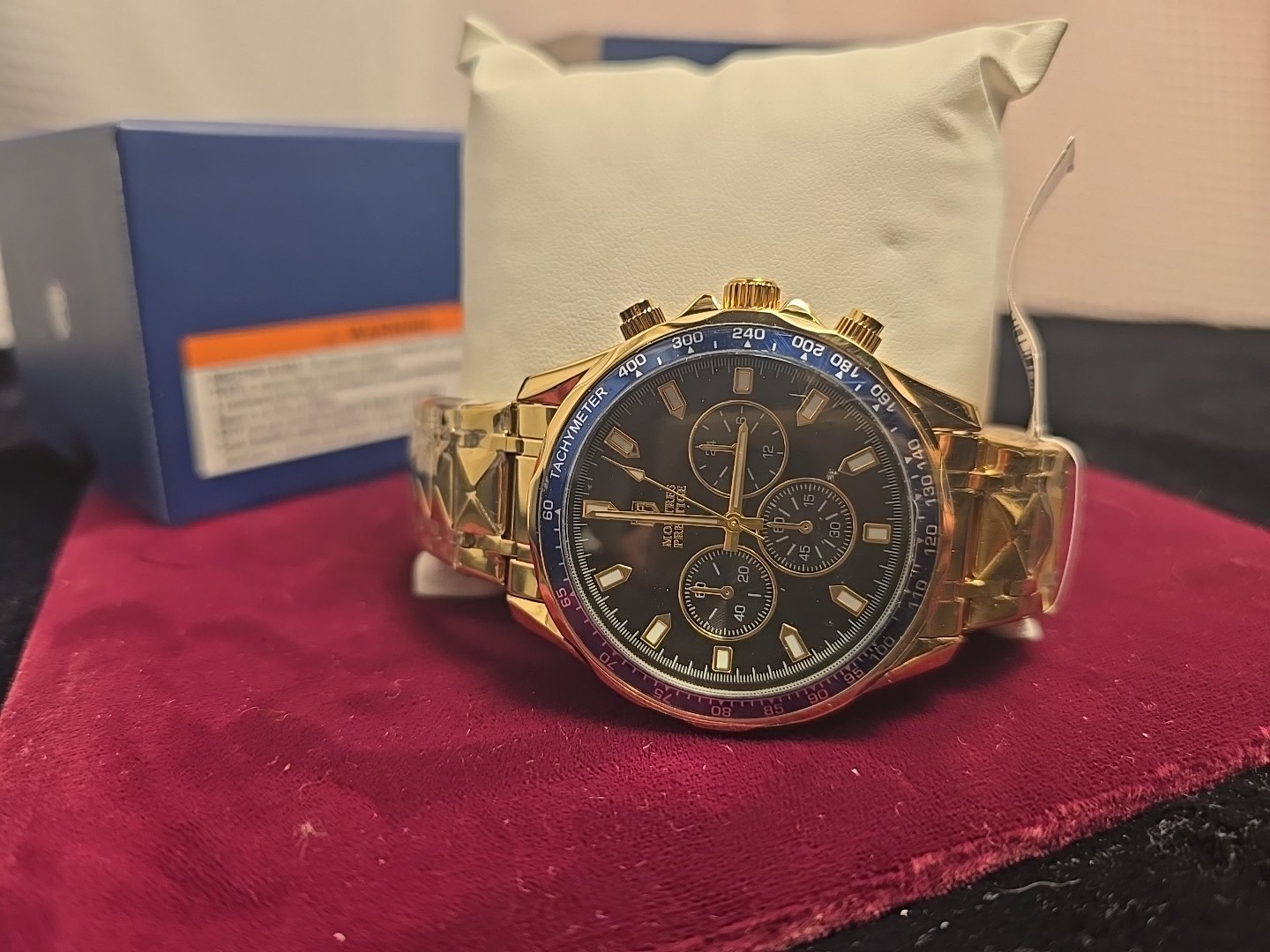 Montres Prestige Gold Chronograph Quartz Men’s Wristwatch Blue Bezel New In Box