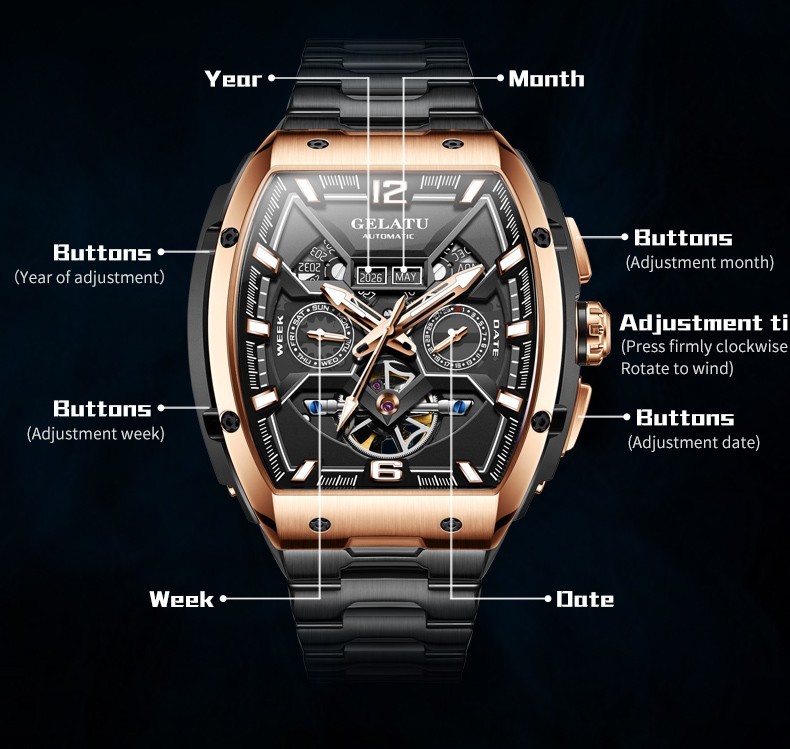 GELATU Men’s Full Automatic Mechanical Watch, Sapphire Mirror, Complete Calendar