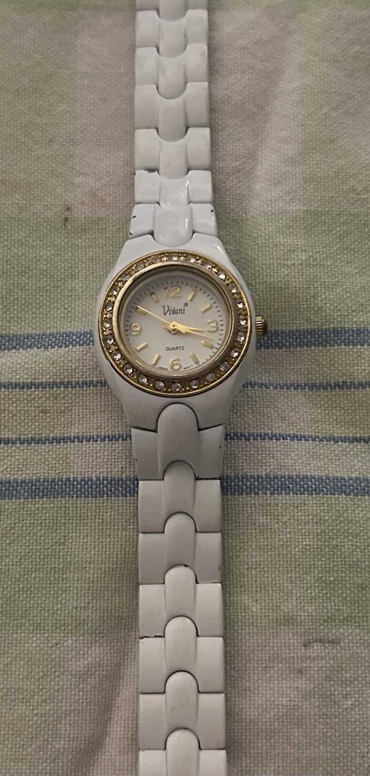 Vivani Women’s Quartz Dress Watch White Ceramic Bracelet Gold Crystal Bezel