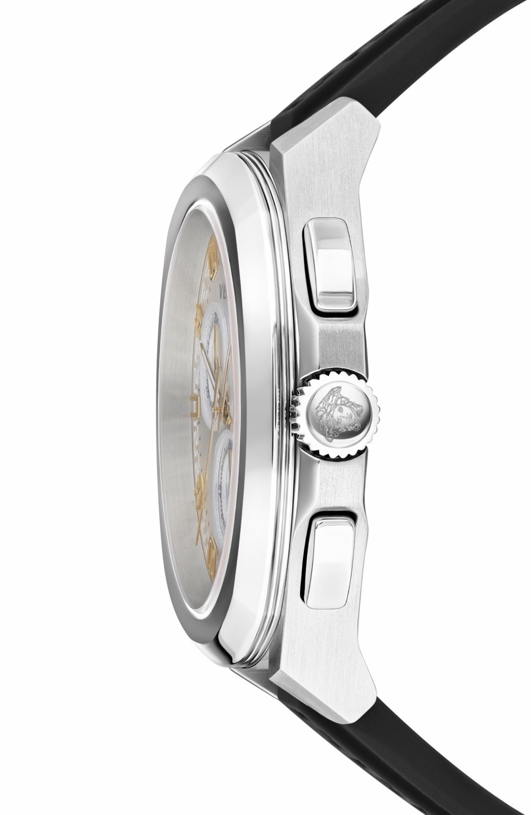 Versace V-Chrono Men’s Quartz Chronograph Date Silver Dial Black Rubber Strap