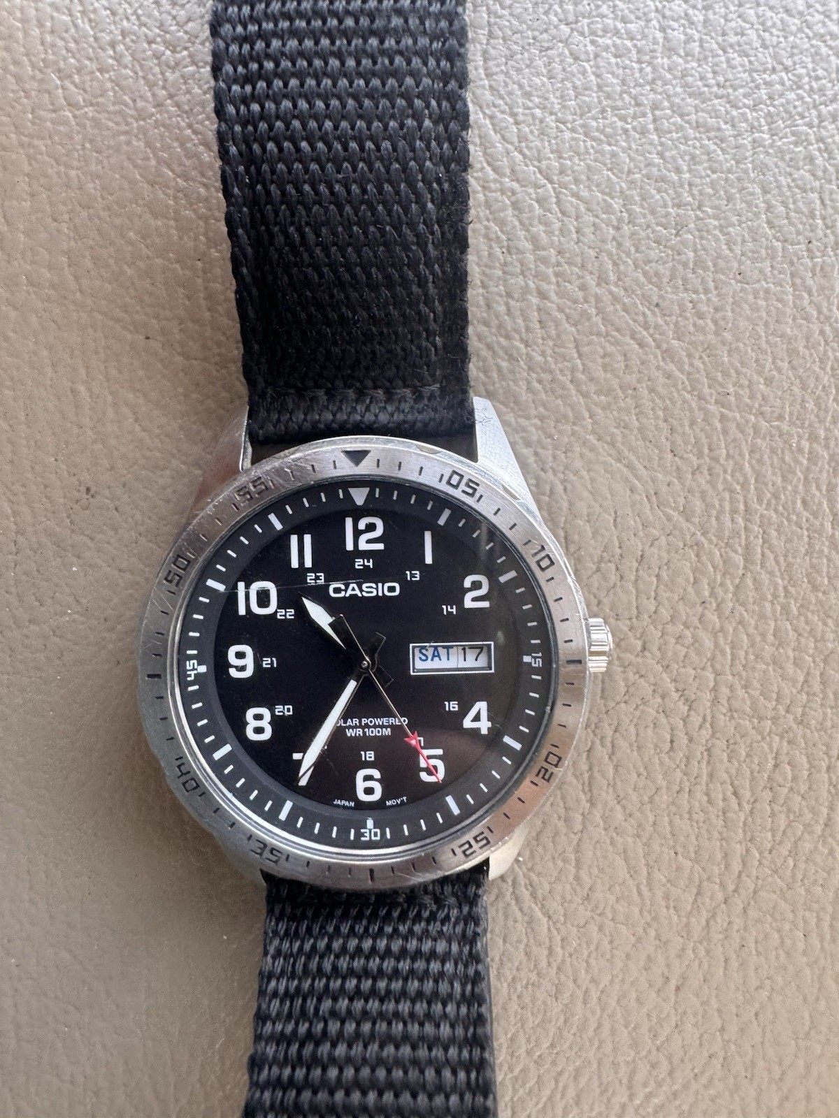 Casio MTP-S120 Solar Quartz Day/Date 100m Black Dial NATO Nylon Strap