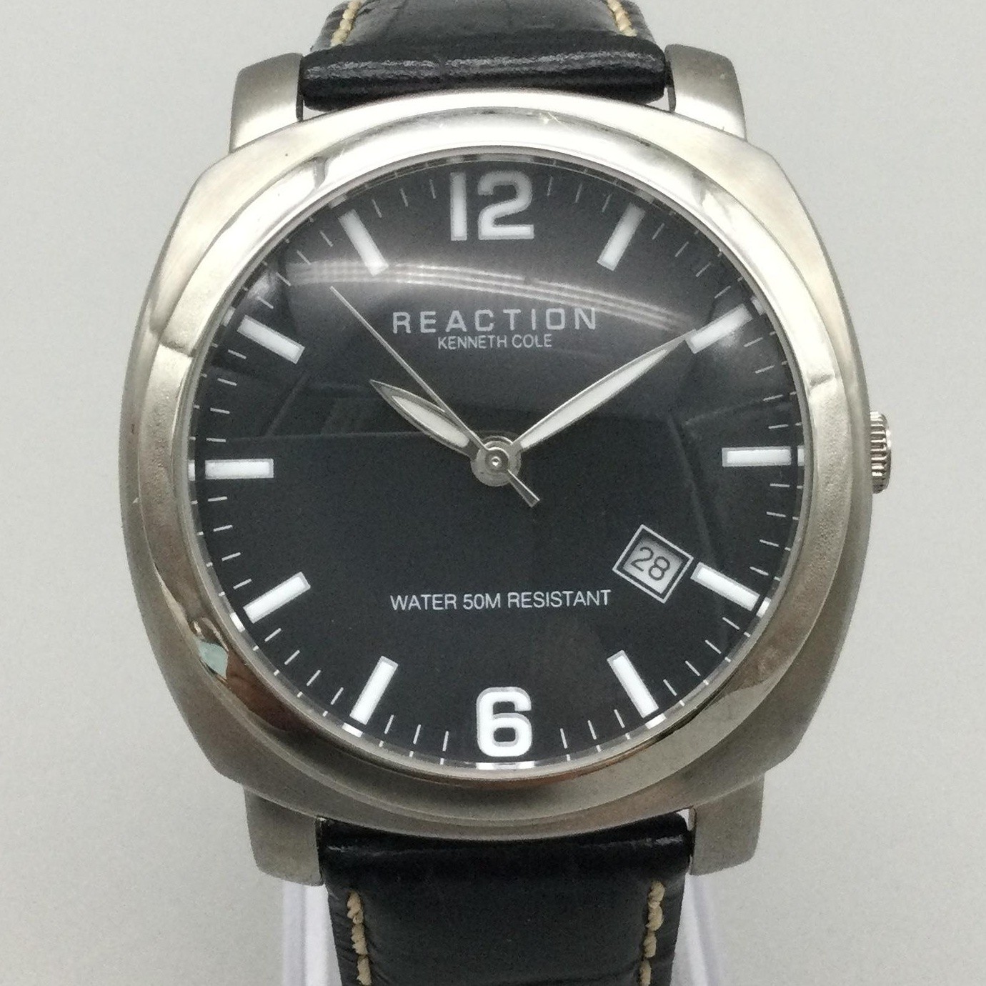 Reaction Kenneth Cole Mens Watch 40mm Black Dial Leather RK1093 New Battery