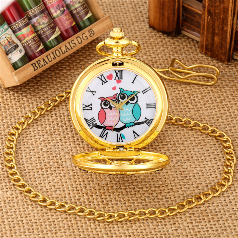 Diamond Handicraft Two Owls Pattern Quartz Pocket Watches for Women Men Gifts