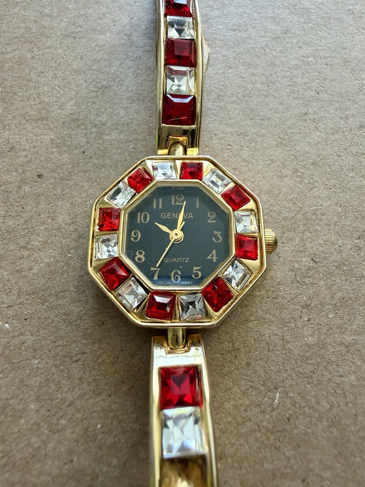 Geneva Quartz Ladies Watch Gold Tone Red Clear Rhinestone Bracelet made in China