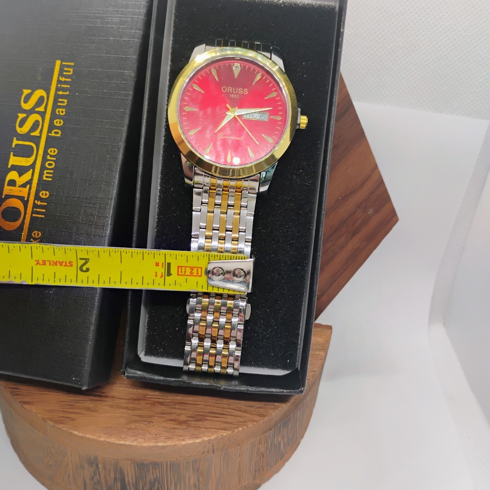 ORUSS 1853 Men’s Wrist Watch Red Dial Silver Gold Stainless Day Date New In Box