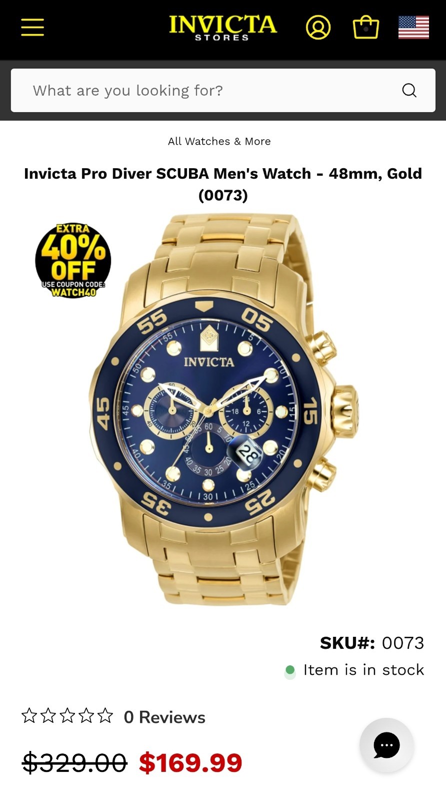 Retail $329.00 Invicta Pro Diver SCUBA Men’s Watch – 48mm, Gold (0073)