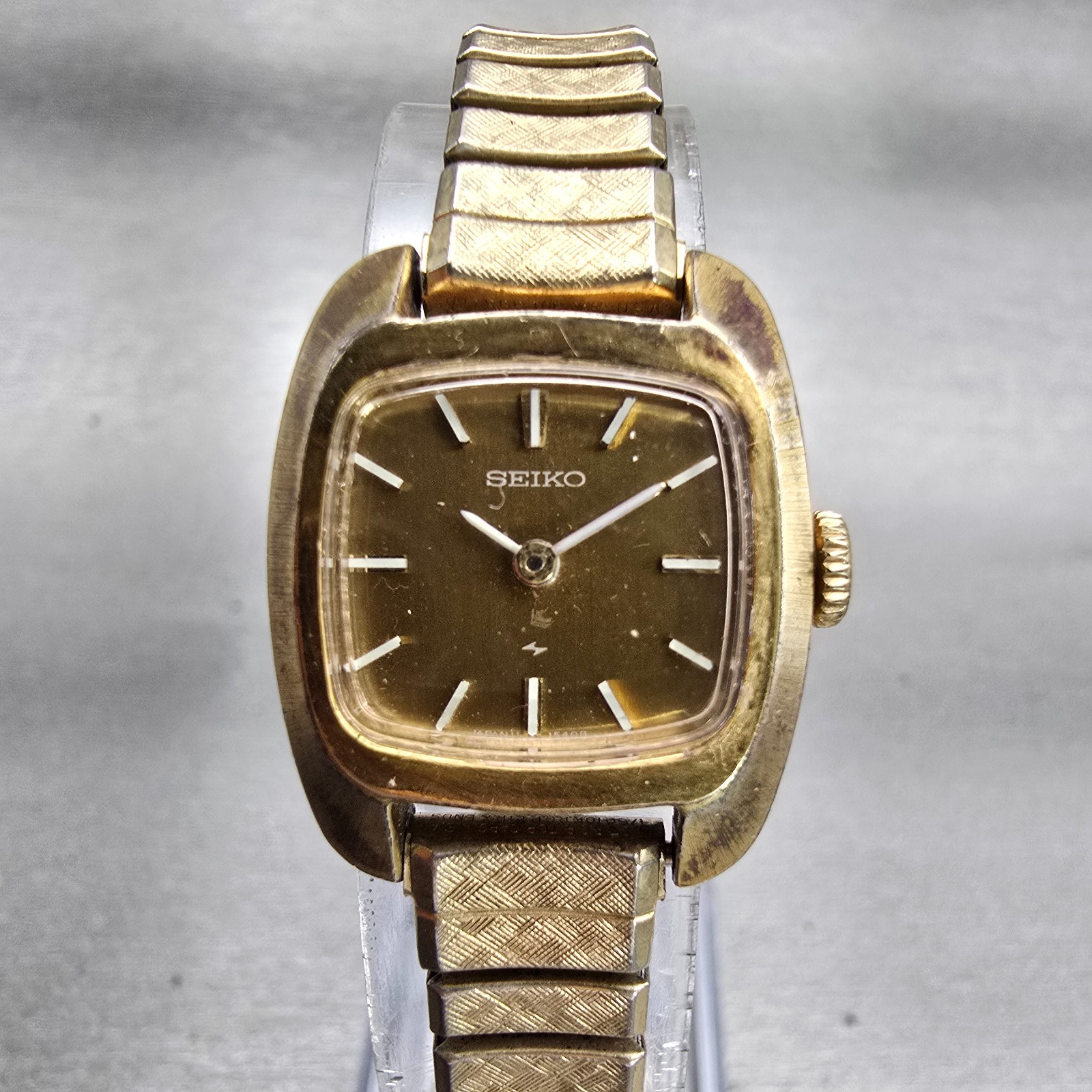 Seiko Watch Women 17mm Bronze Dial Gold Tone Rectangle 11-3499 Vintage Works