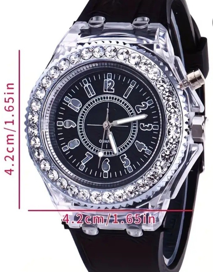 QIAF LED Display Analog Quartz Wristwatch Black Band Clear Bezel 4.2cm Dial