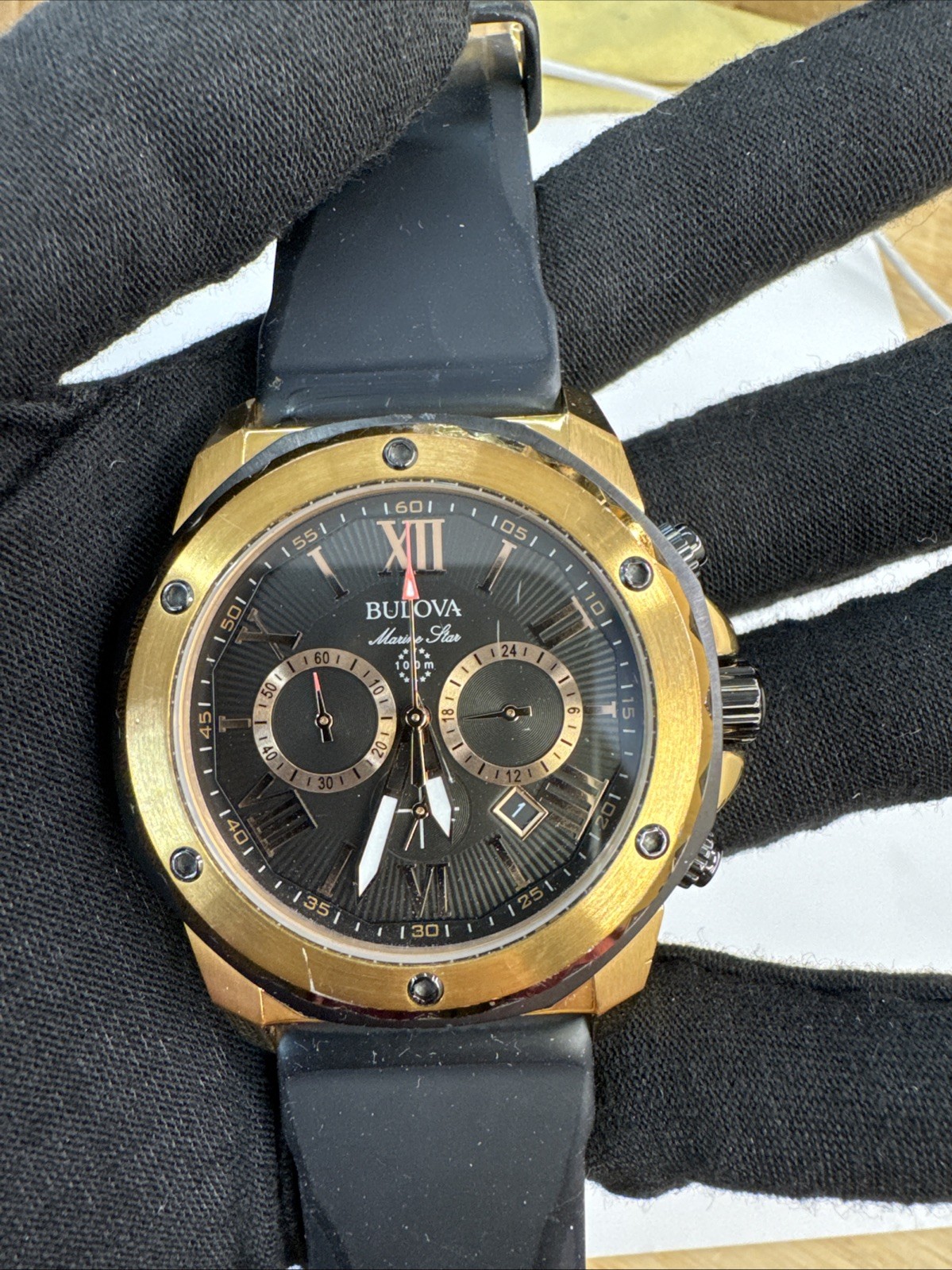 Classic Bulova Men’s Marine Star 98B104 Black Dial Rubber Strap Quartz Watch 44m
