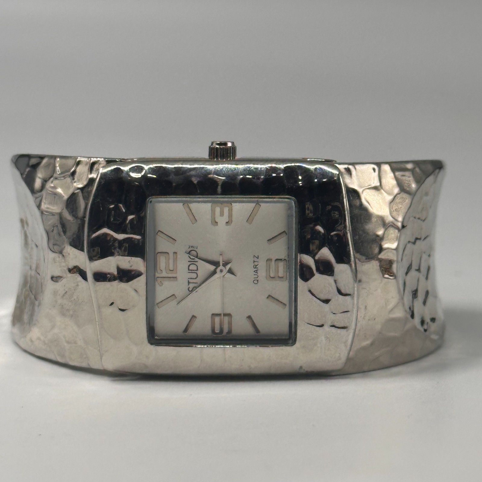 Studio Time Watch Women Silver Tone Hammered Design Cuff Band New Battery 6.5″