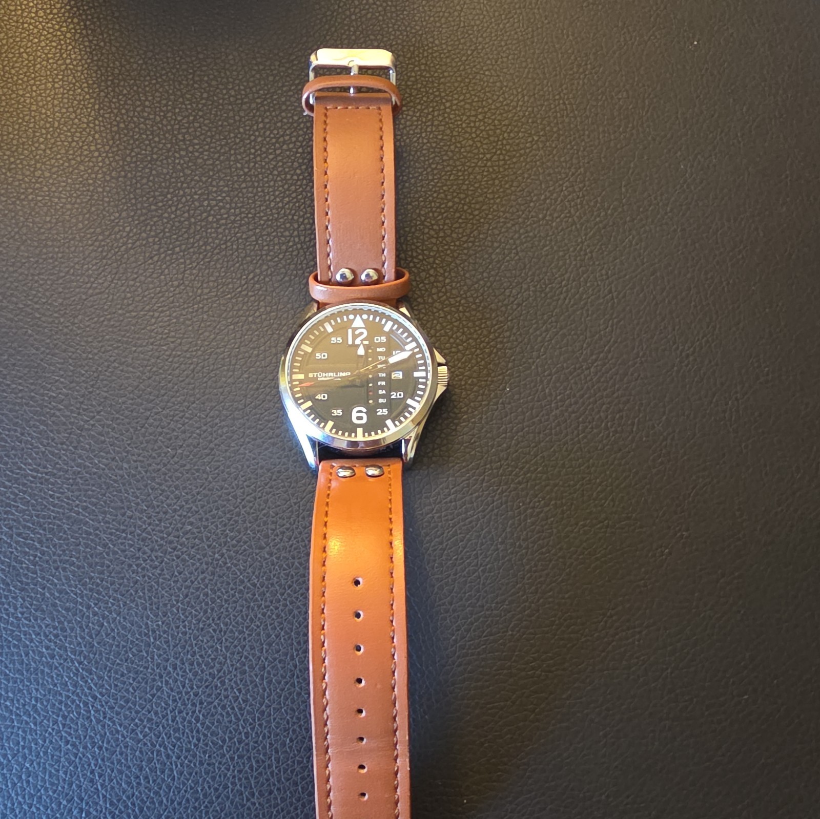 Stuhrling Men’s Steel Riveted Tan Leather Strap Japan Quartz Aviation Watch