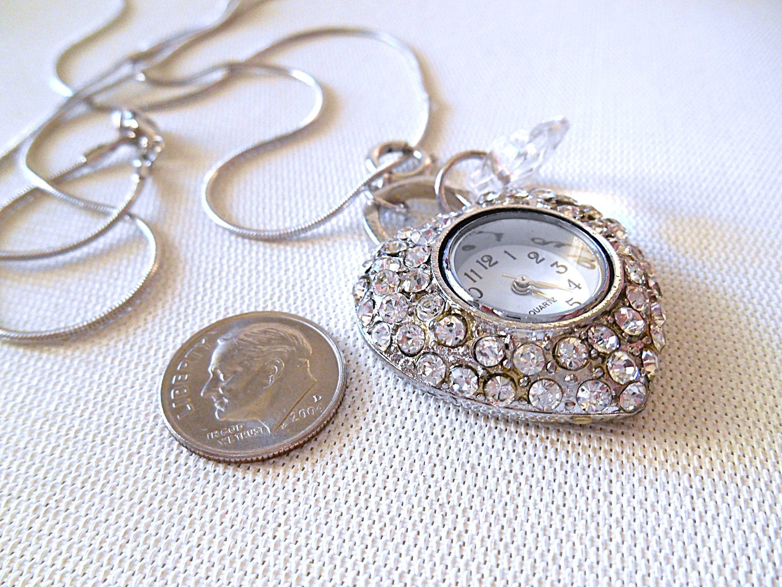Silvertone & Clear Rhinestone Heart Necklace Watch – New Battery