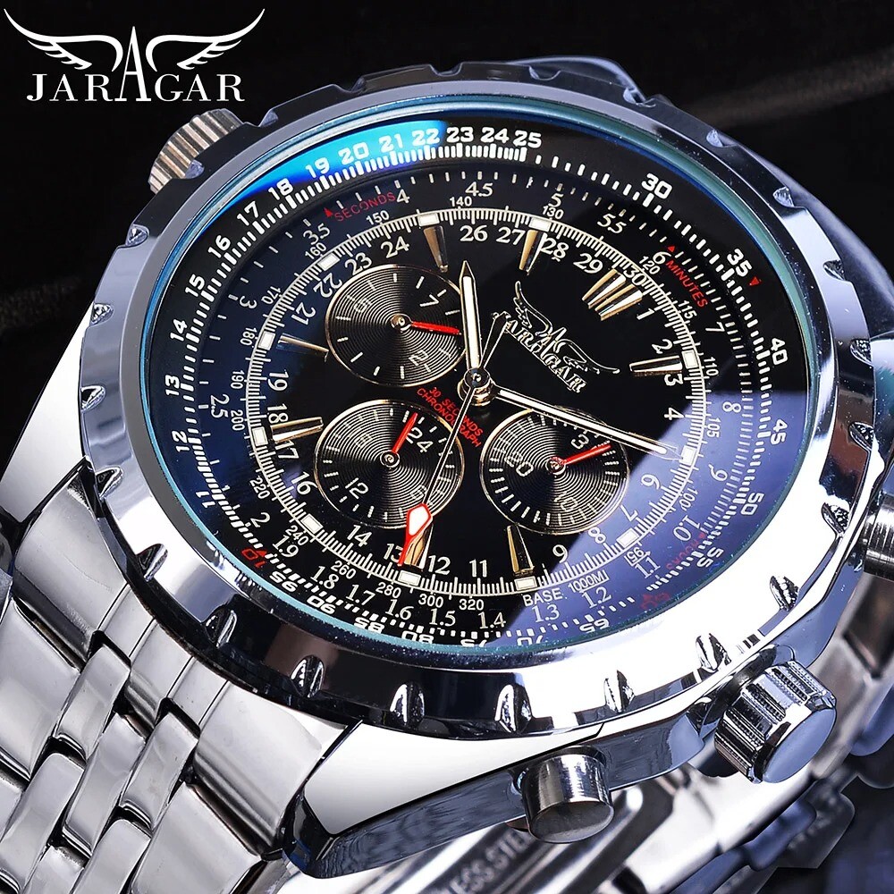 Jaragar Men Wrist Watch Automatic Mechanical Stainless Steel Luminous Date
