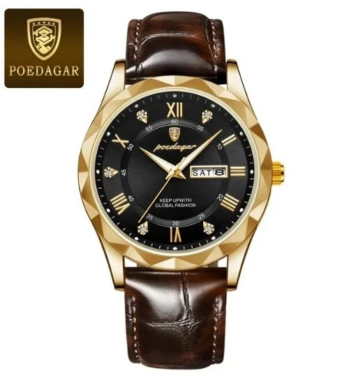 Poedagar Black Brown Leather Band Quartz Watch New In Box