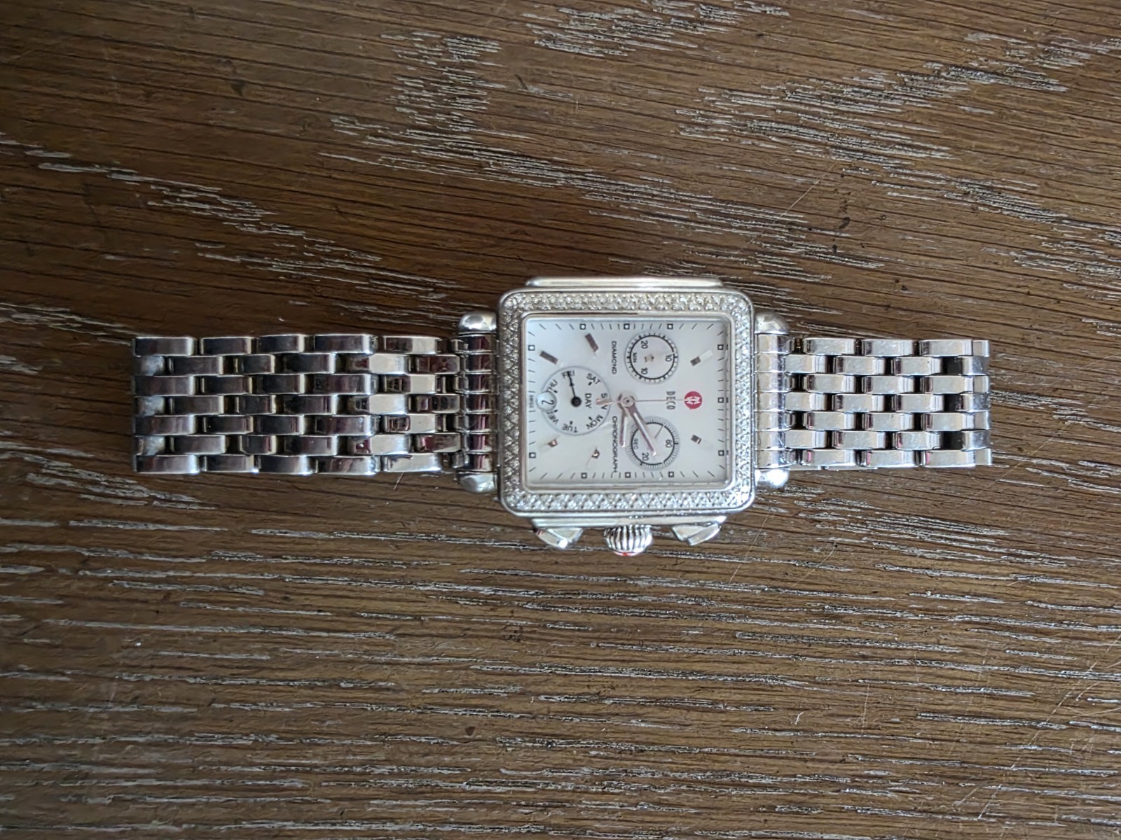 MICHELE Deco Women’s Silver Stainless Steel White Dial Diamond Chronograph 50m
