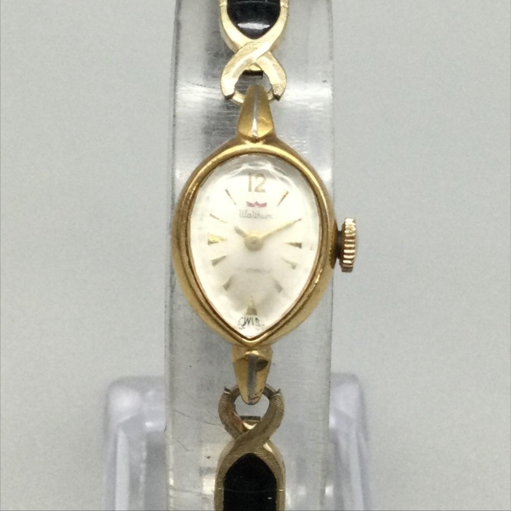 Vintage Waltham Womens Watch 14mm White Dial Gold Tone Black Bracelet Manual
