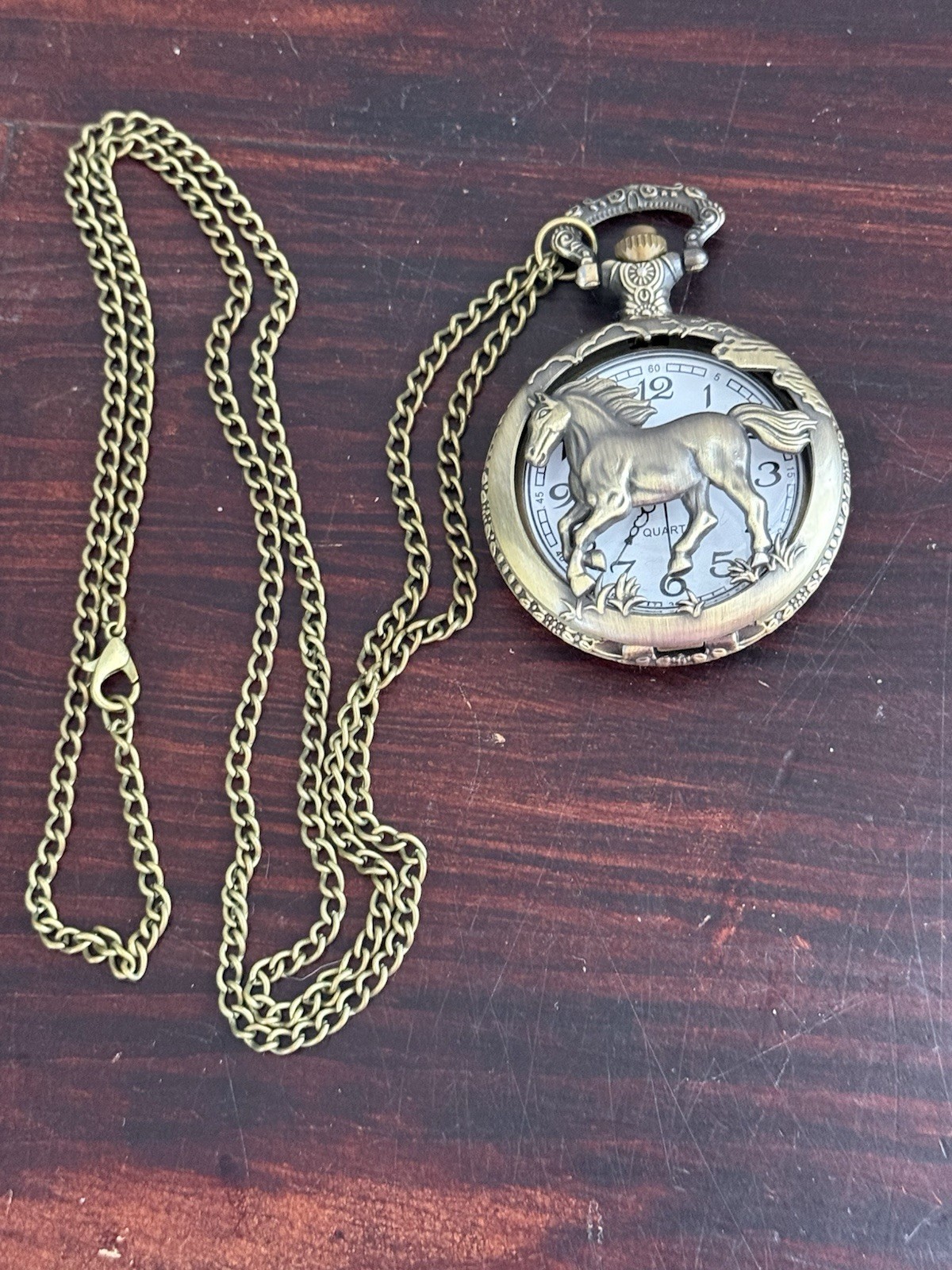 WESTERN HORSE Quartz Pocket Watch w/ 16″ Chain Brushed Antique Bronze Runs