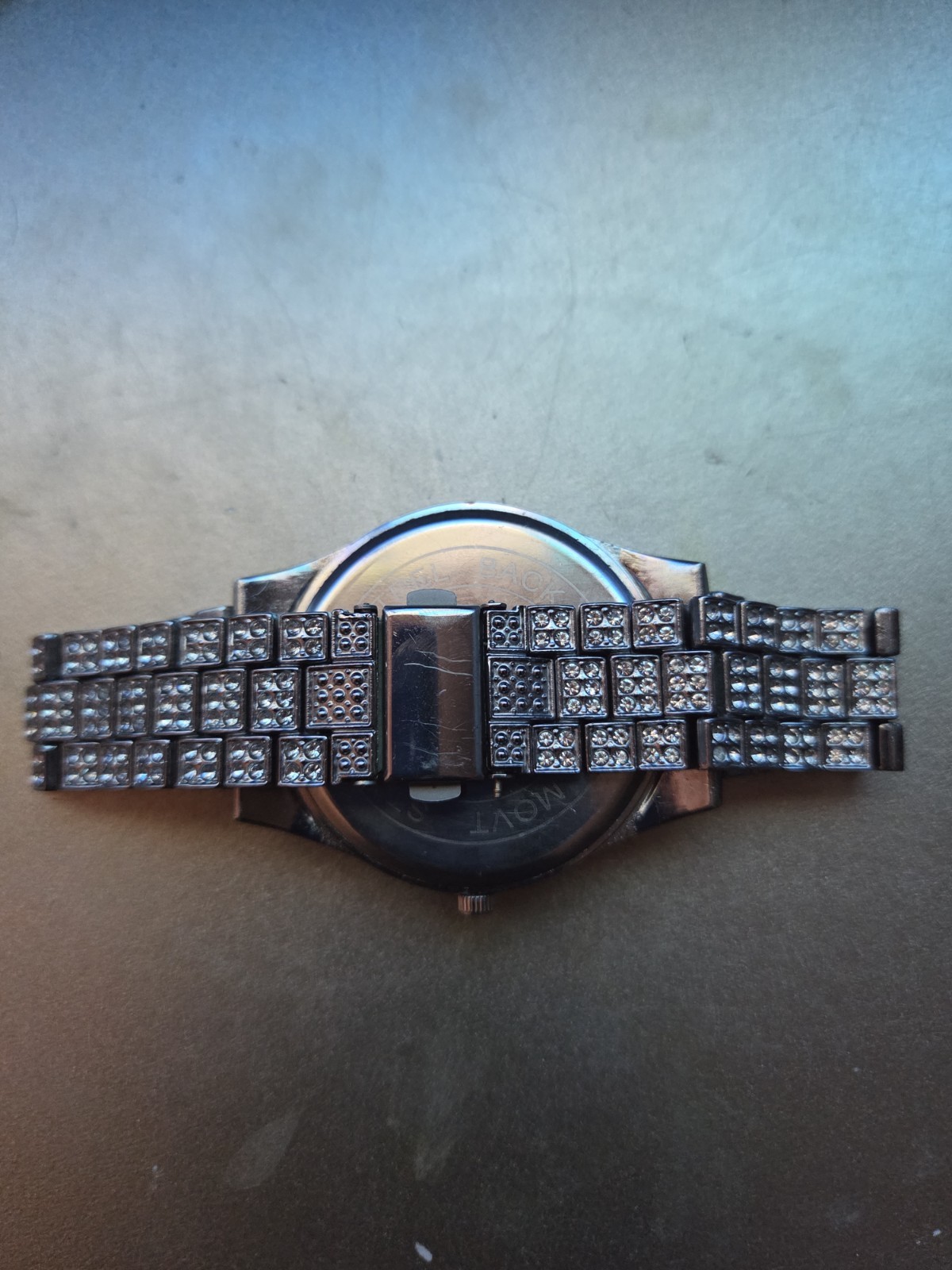 Iced-Out Silver Tone Analog Wristwatch Roman Numerals Gem-Set Bezel Rhinestone