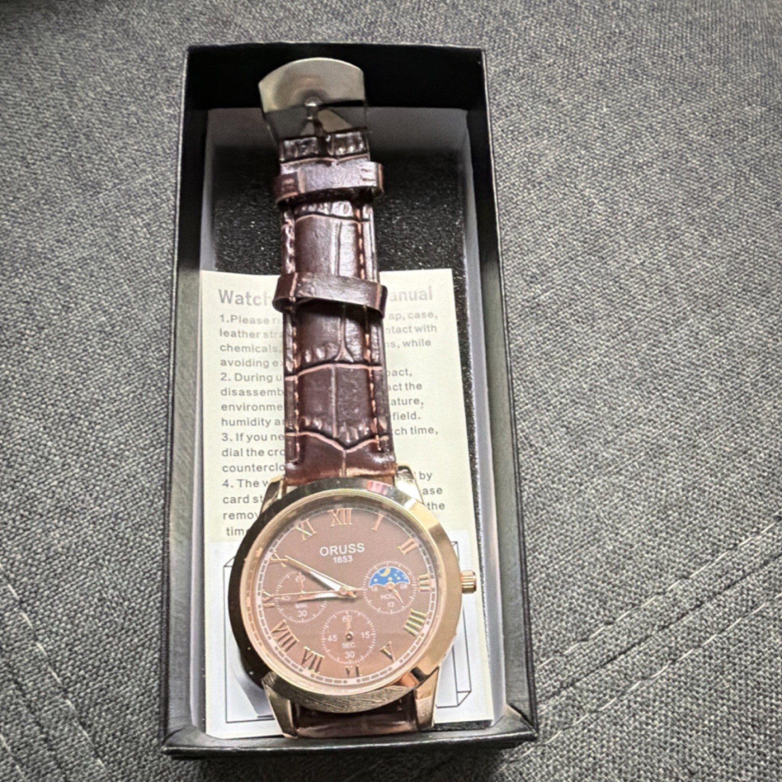 Oruss 1853 Analog Wristwatch Brown Dial Roman Numerals Multifunction Leather St…