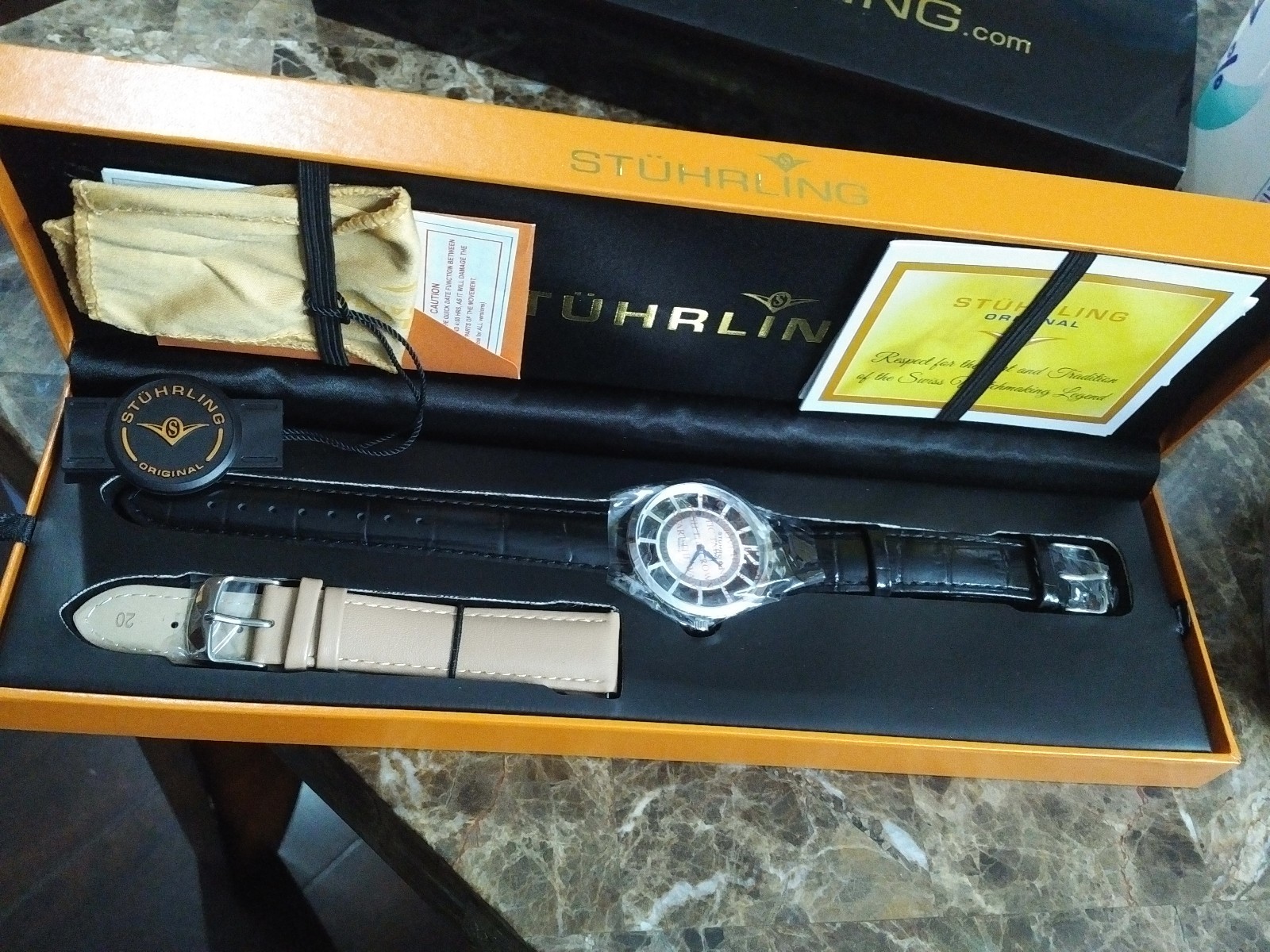 Stuhrling GP12790 Silver Watch Piece on Black Alligator Embossed Leather Strap